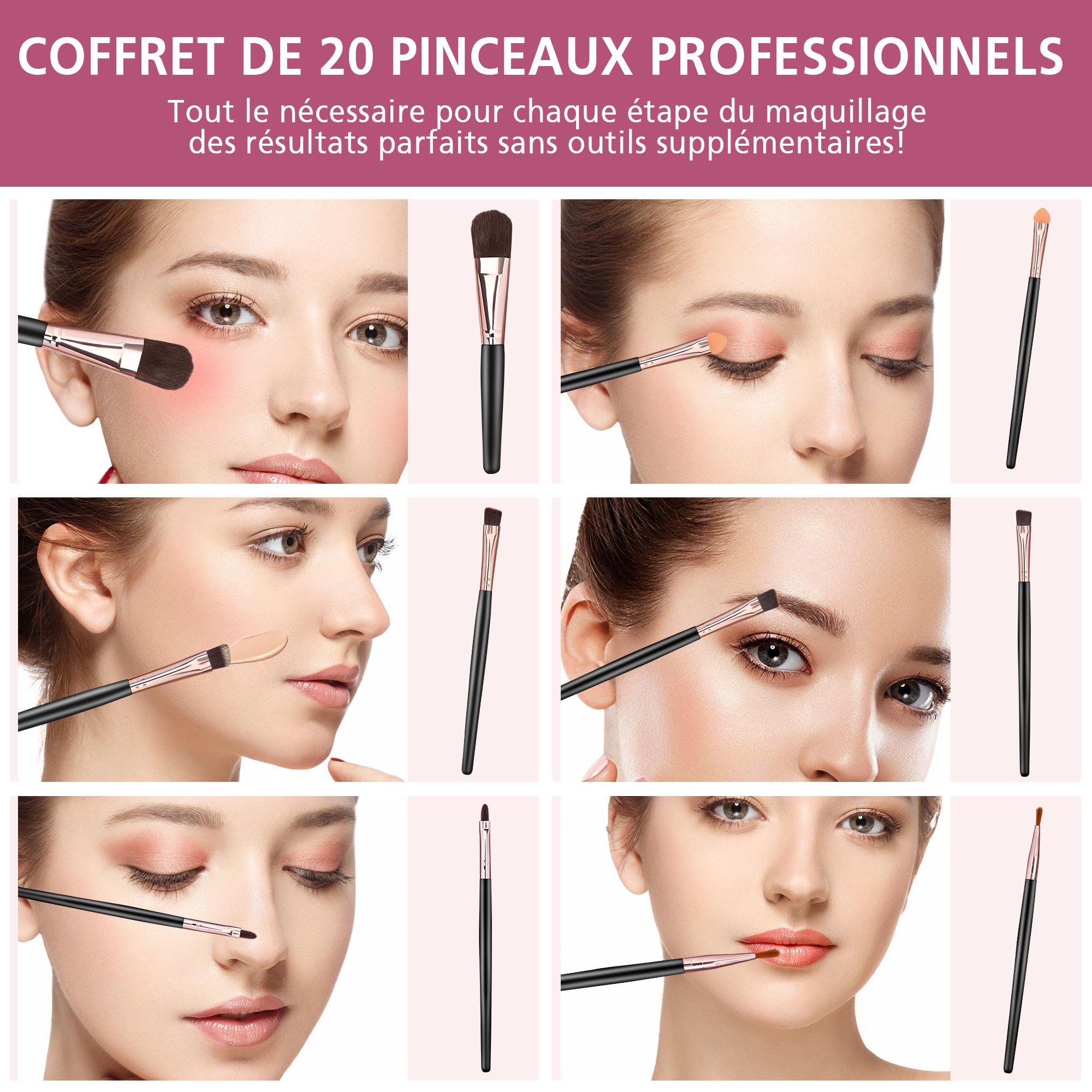 20 Pièces Pinceaux Maquillages, Pinceau de Maquillage Professionnels pour Fond de Teint, teint et fard à paupières, Kit Pinceaux Maquillage, Idéal pour Débutants et Professionnels