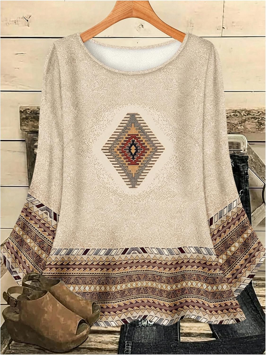 Women's Plus Size Geometric Graphic Shirts Boho Tops Crewneck 3/4 Sleeve Blouses Dressy Casual - Image 5