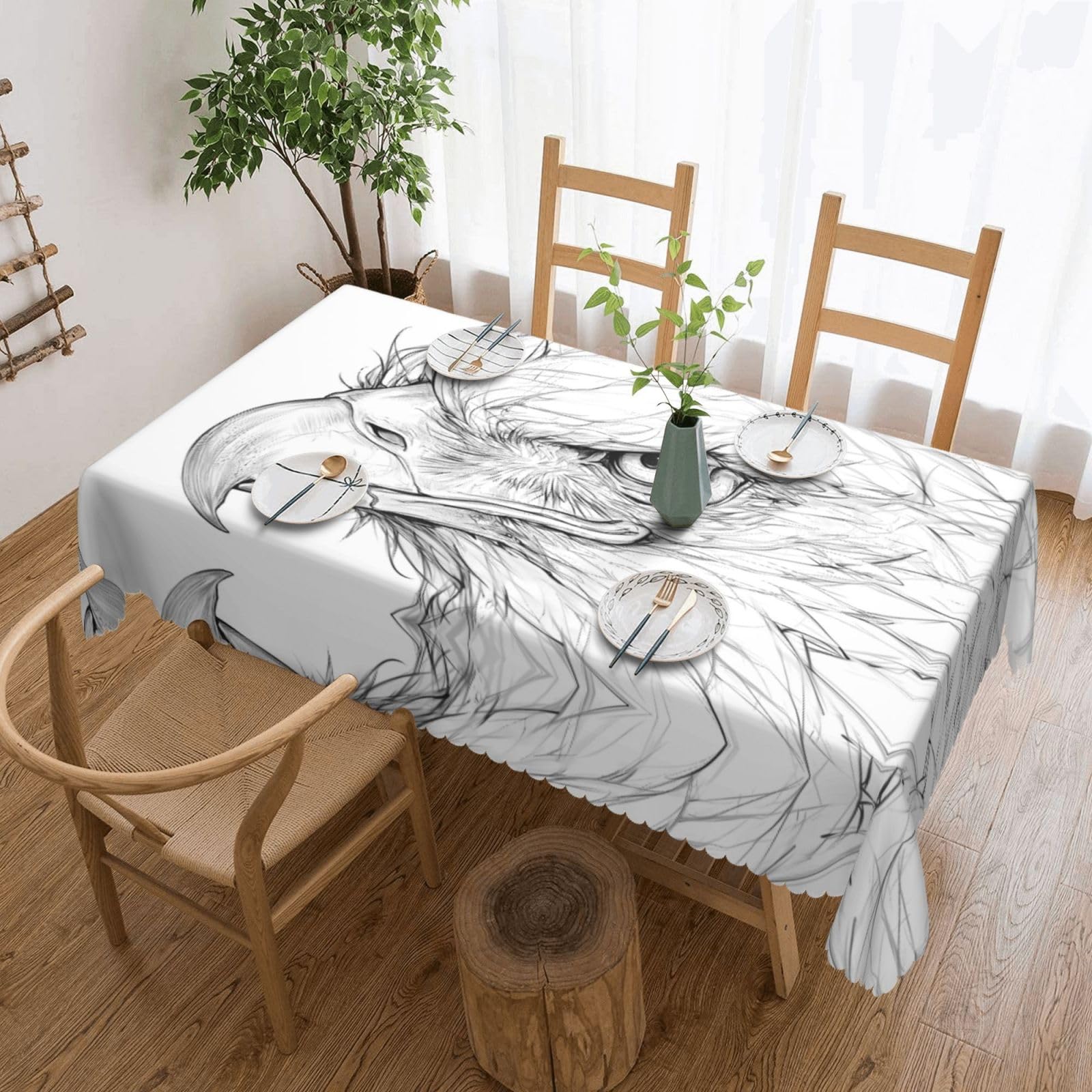 QAZWZML Black-striped bird Printed tablecloth, made of thick polyester with lace trim, suitable for dining rooms, picnics, and weddings