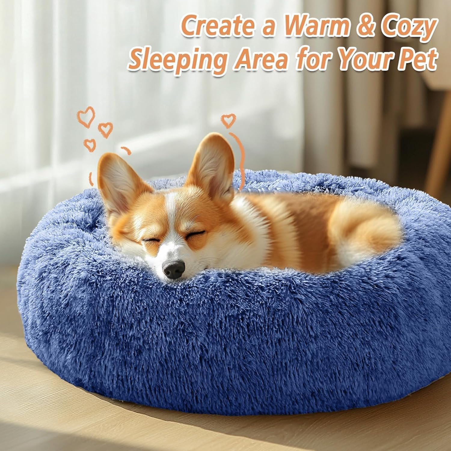 JOLLYVOGUE Calming Dog Beds Large Sized Dog, 36in Donut Washable Large Pet Bed, Anti-Slip & Anti-Anxiety Fluffy Faux Fur Round Dogs Bed, Fits up to 80 lbs Pets (Navy Blue)
