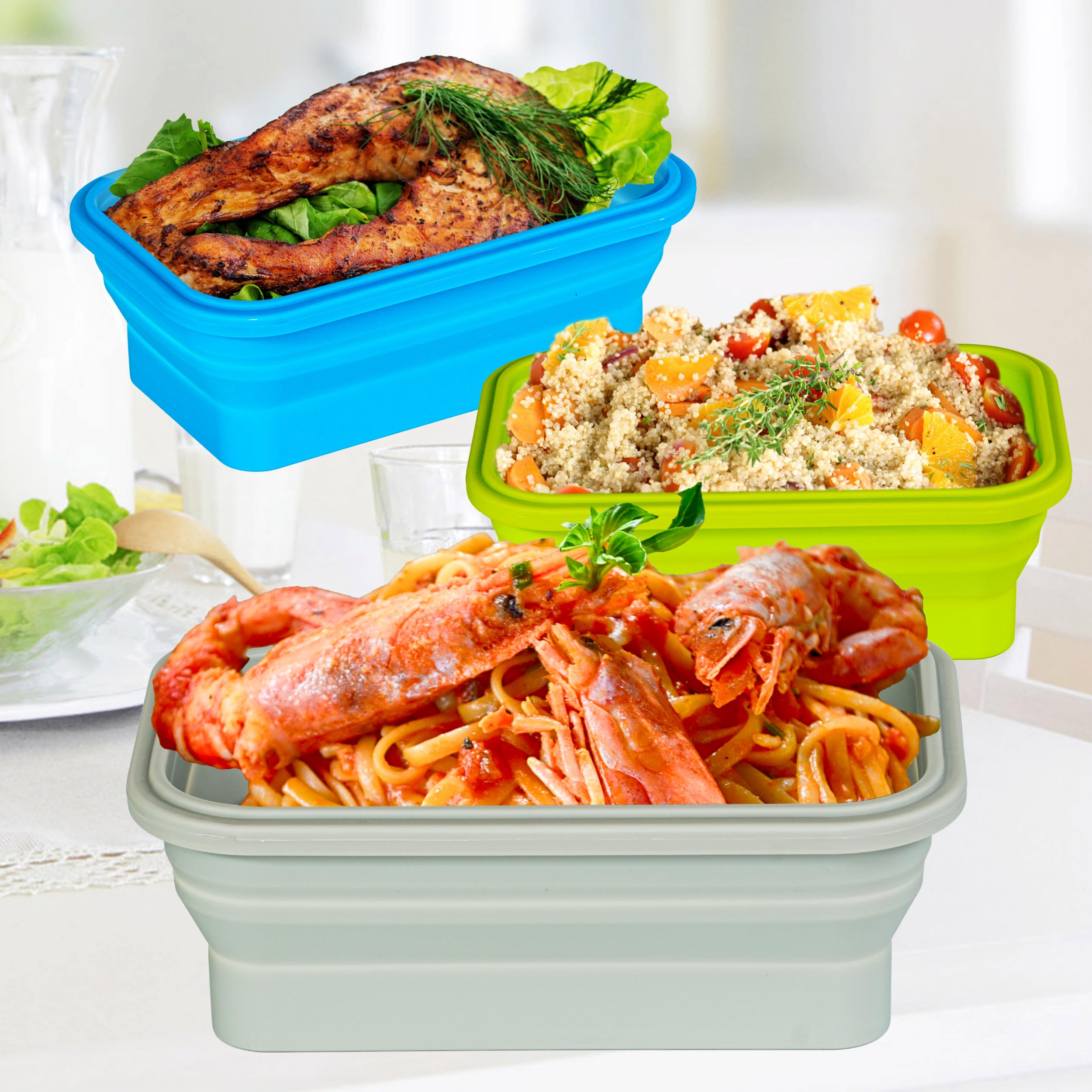 Set mit 4 faltbaren Silikon-Frischhaltedosen, Küchenreste, Brotdose und Obstbox, faltbares Design, platzsparend, BPA-frei, mikrowellen-, spülmaschinen- und kühlschrankgeeignet, Blau, 1,2 l
