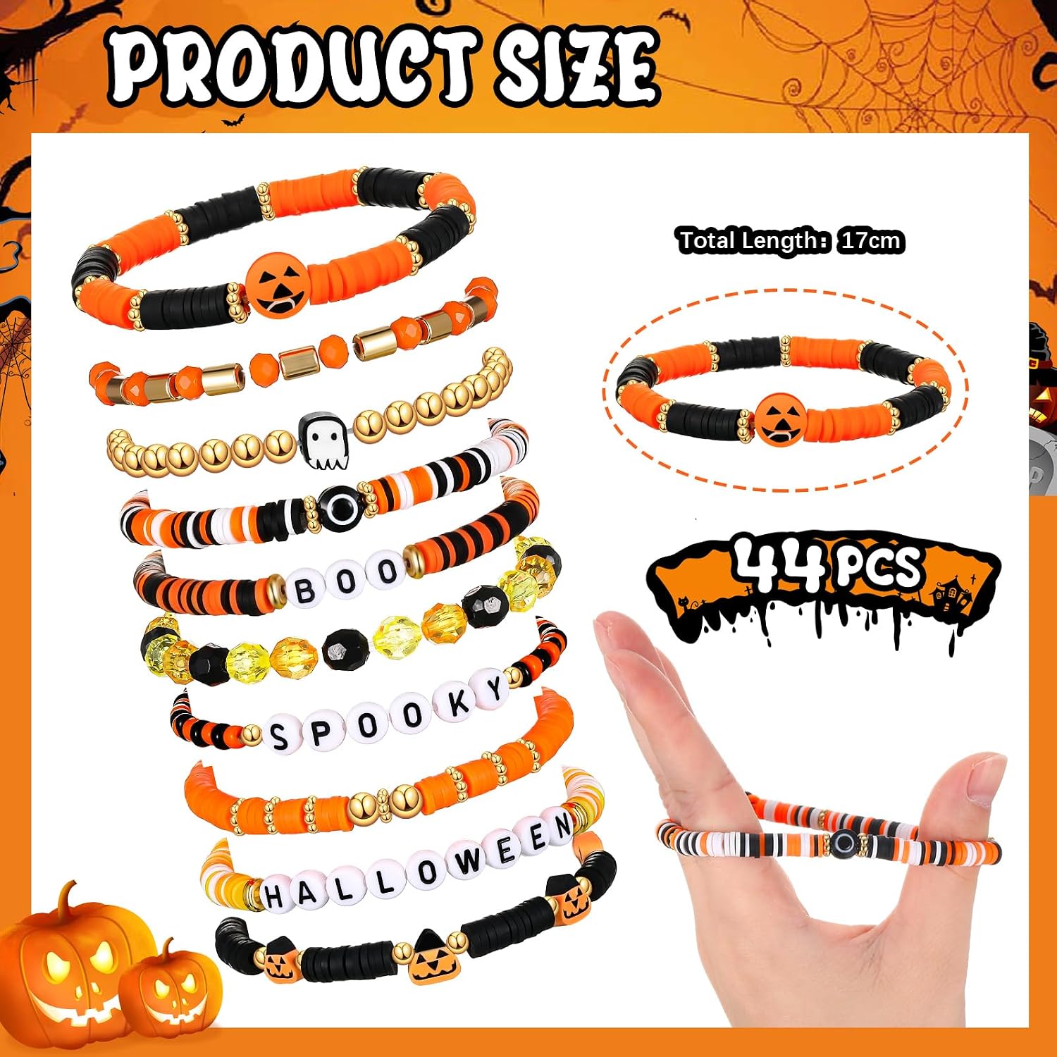 40 Pcs Halloween Bracelets Bulk Multicolor Stretch Bracelets Jewelry Halloween Party Supplies