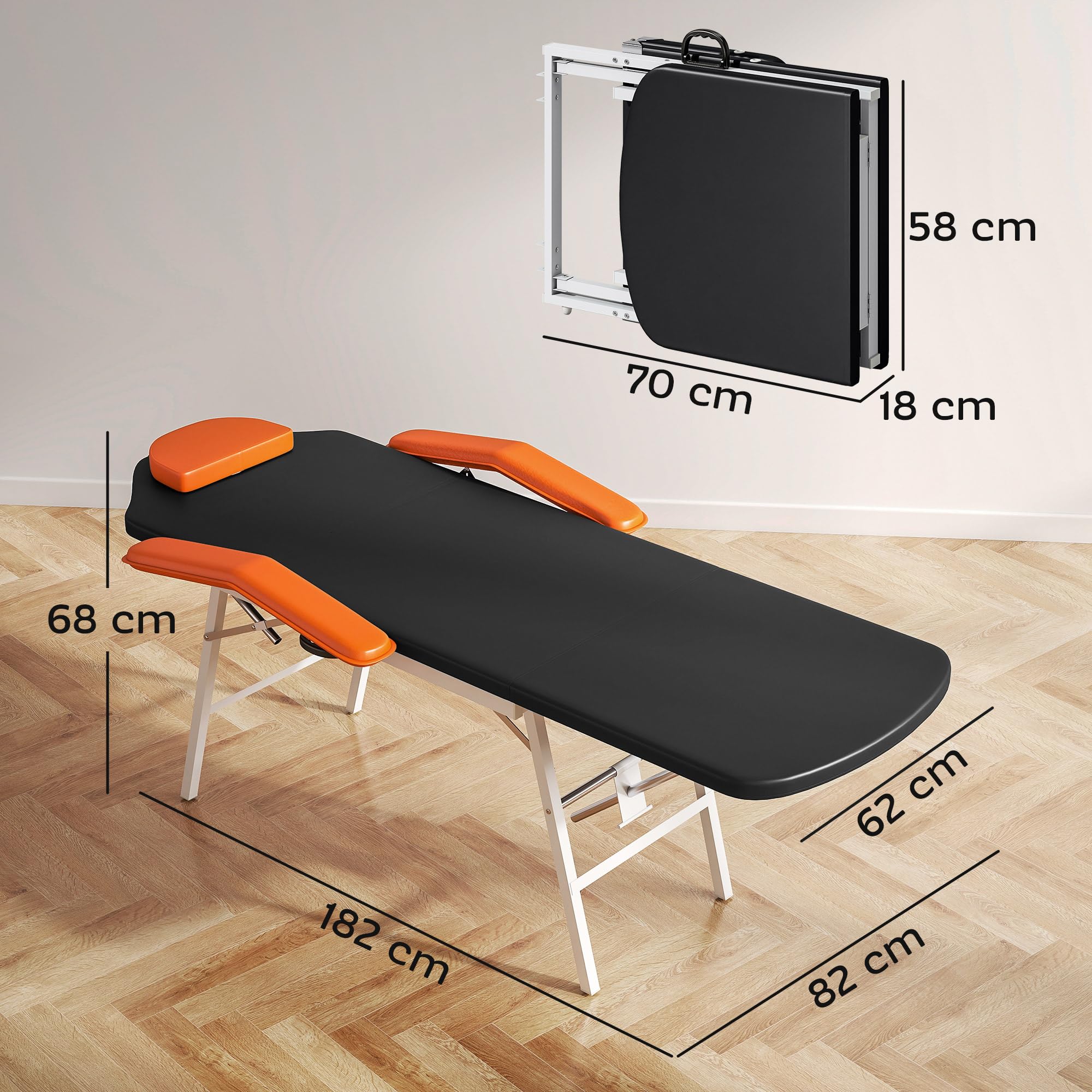 HOMCOM Camilla Masaje Plegable Portátil Camilla Estética Profesional de 3 Zonas con Respaldo Soporte para Piernas Ajustables Reposacabezas Extraíble Reposabrazos Acolchados para SPA 182x82 cm Naranja
