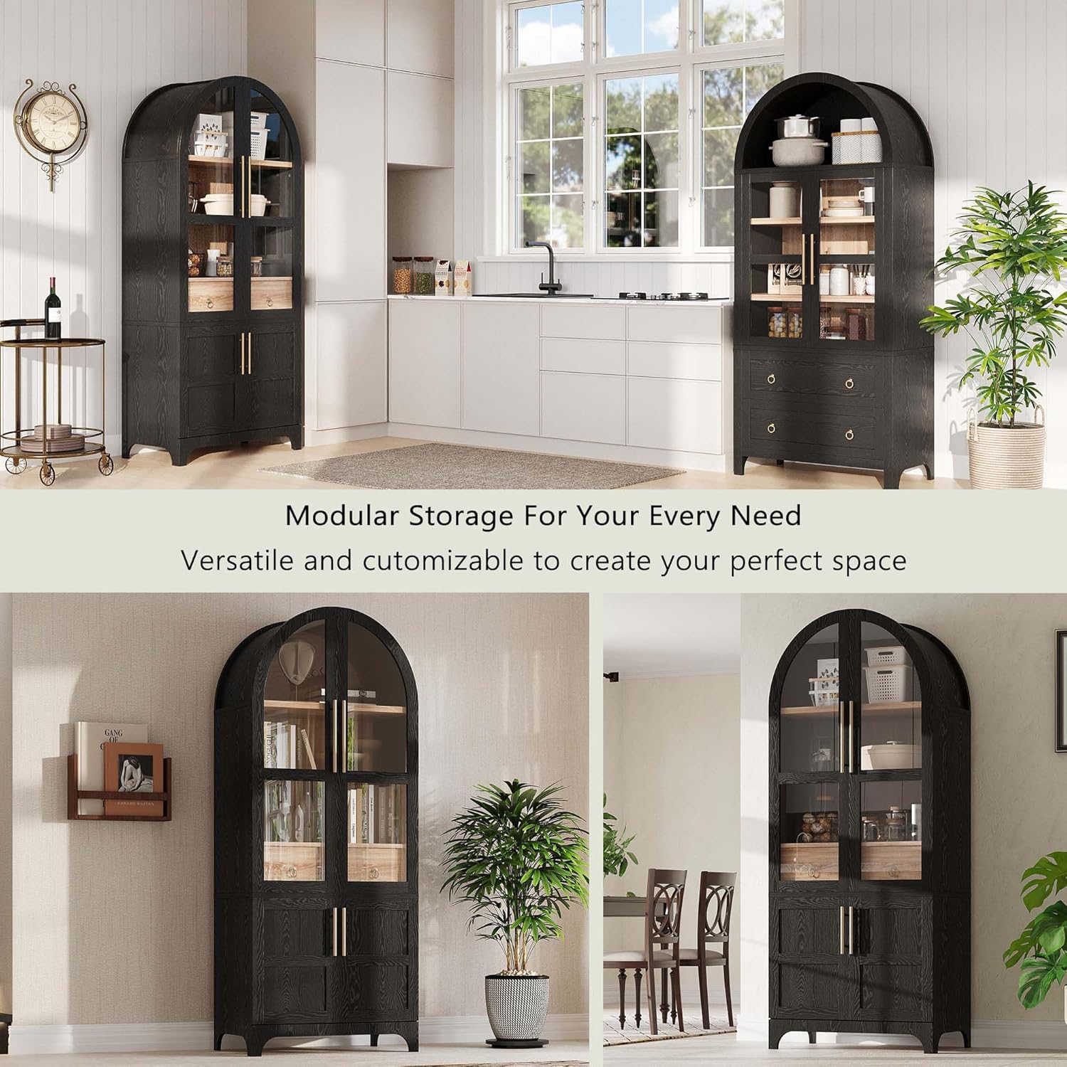 Black Tall Arched Cabinet with Glass Doors, Farmhouse Wood Kitchen Pantry Storage Cabinet W/ Drawers & Adjustable Shelves, China Hutech Cabinets for Dining Room, Living Room, Bathroom (Black, 71")