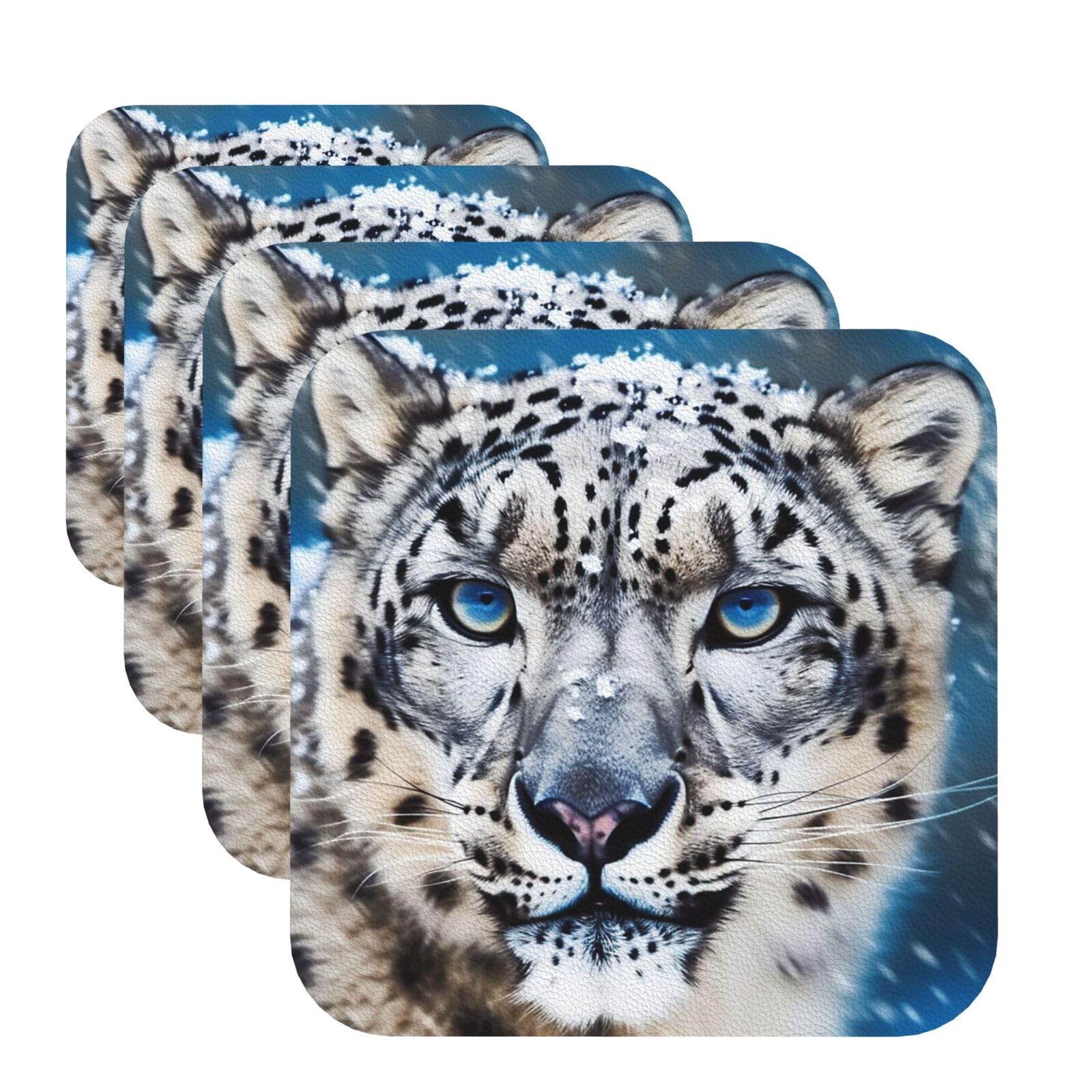 Drink Coasters Set of 4 Non-Slip Leather Coasters Blue Eyed Snow Leopard Coasters for Drinks Absorbent Coasters Set Heat Resistant Cup Pads for Coffee