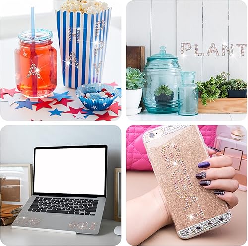 Miniatura 7 de 136 piezas de letras de diamantes de imitación, calcomanías termoadhesivas grandes con purpurina del alfabeto y calcomanías de borde de piedras