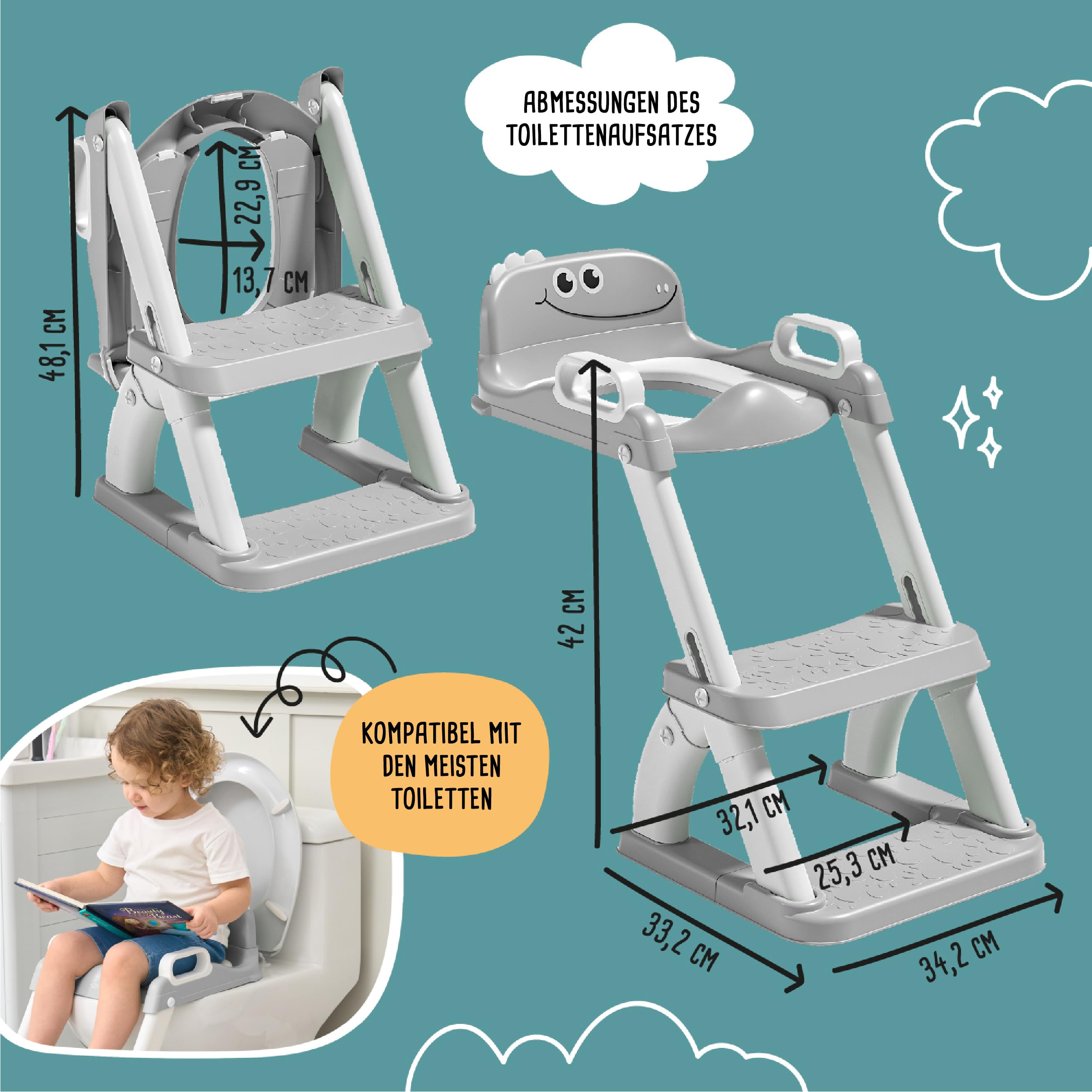 Toilettensitz Kinder mit Treppe – Höhenverstellbarer Kinder Toilettensitz mit Trittstufe & Rückenlehne – WC Sitz Kinder, Toilettentrainer, Klositz & Aufsatz Toilette Kleinkind