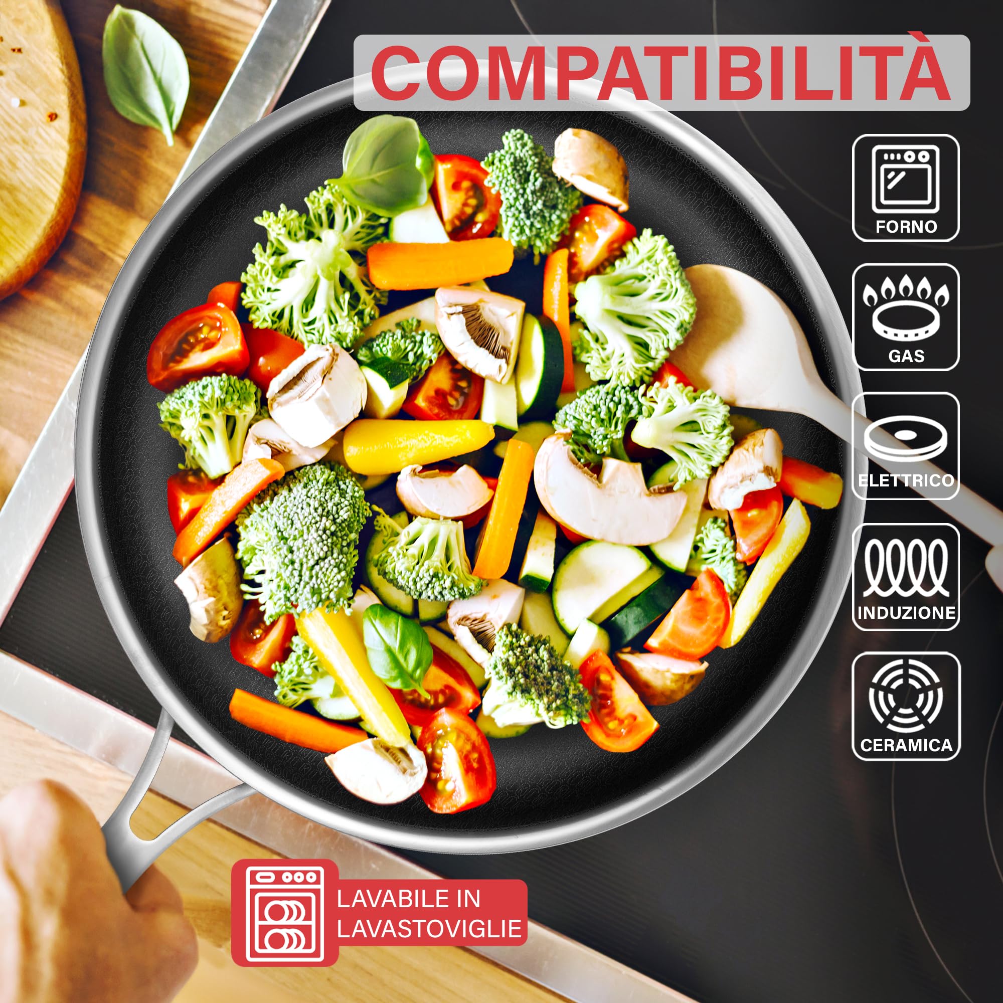 Padella Antiaderente Triplo Strato (Acciaio Inox + Alluminio) Diametro Ø 20 cm, Antigraffio, NO PFOA, Per Piano Cottura Induzione, Ceramica, Elettrico, Gas, Forno, Manico Anti Scottatura, Fry Pan