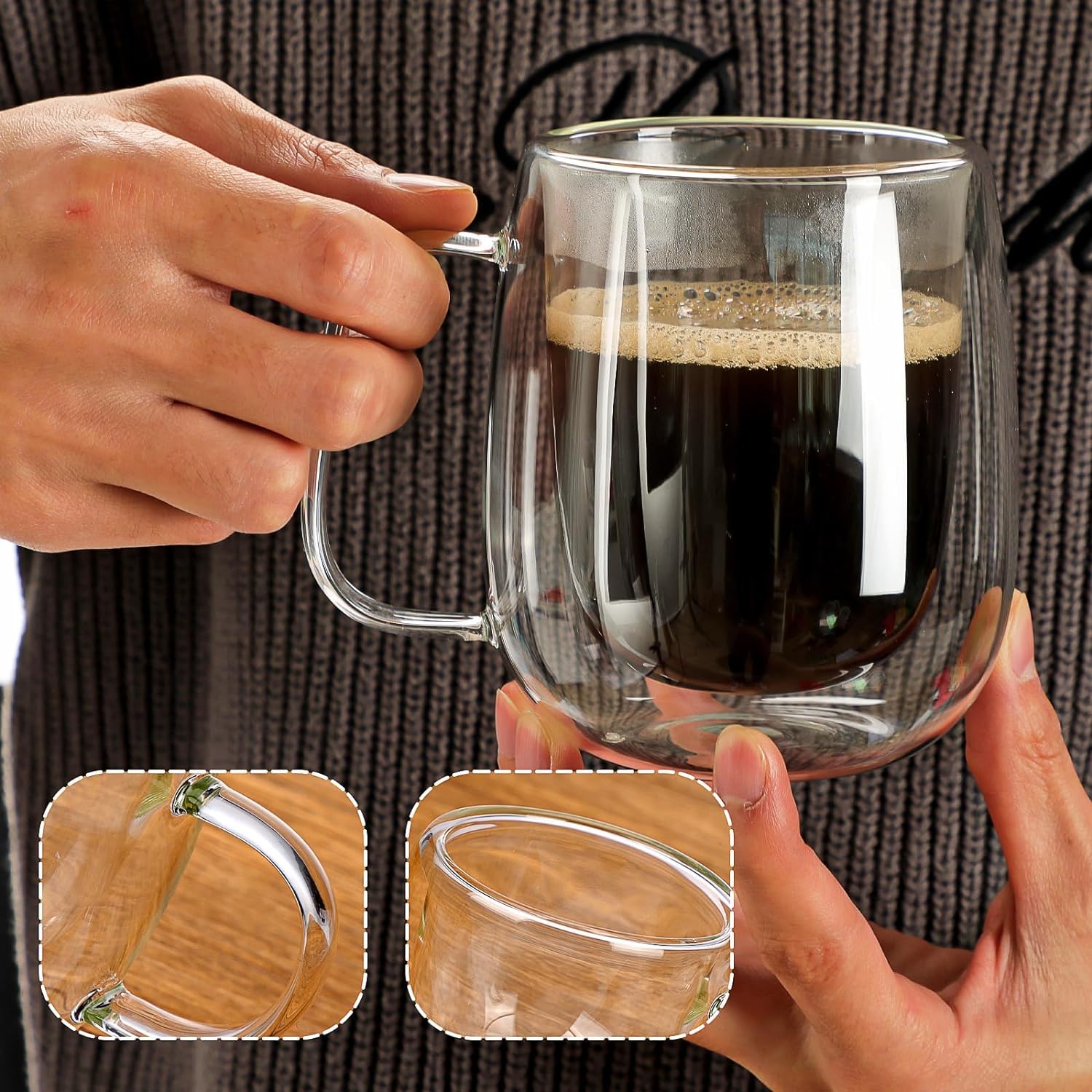 Baker Home Borosilikat 2 Adet Çift Cidarlı Kupa Bardak, 250 Ml Kulplu Cam Çay Kahve Süt Kupa Borosilikat Bardak