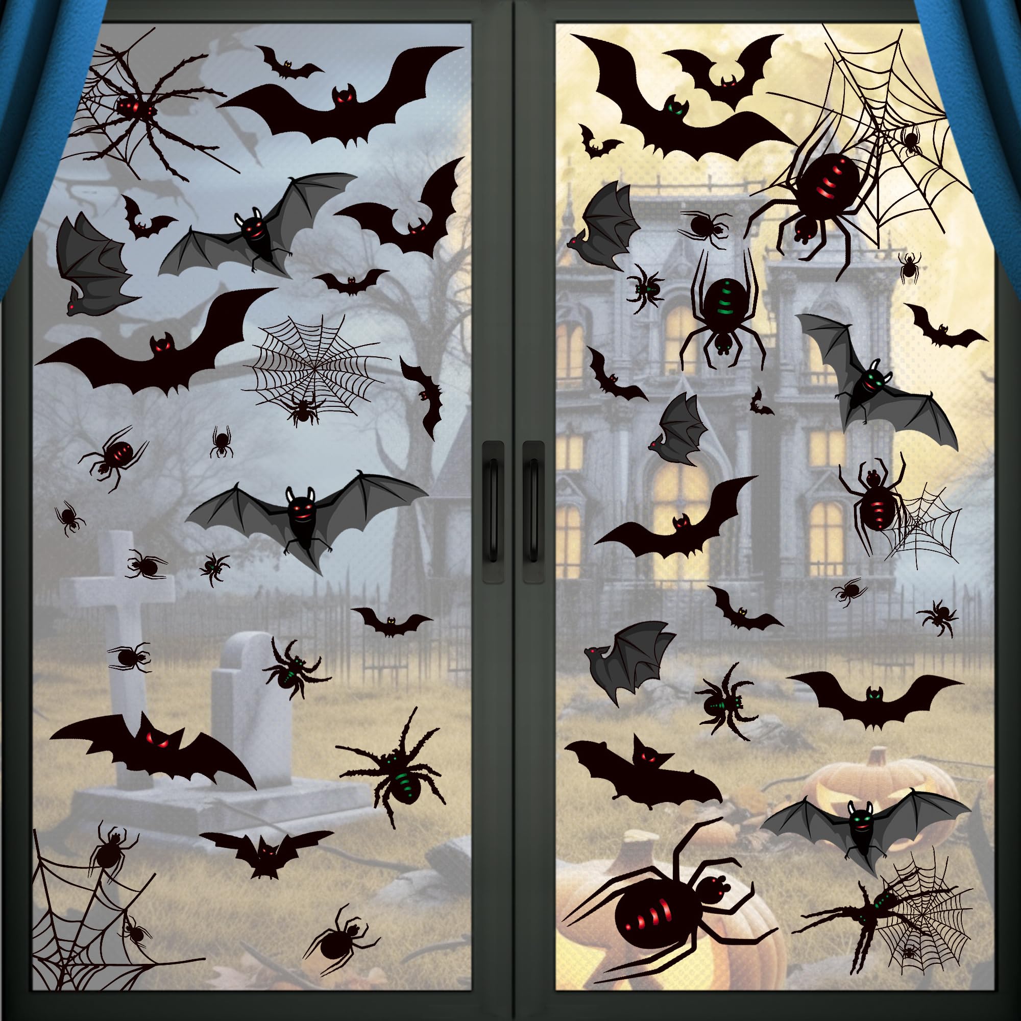 Kaket Black Halloween Window Stickers - Bats Spider Web Double-Side Removable Static Clings, Decals For Window Decoration (Black)