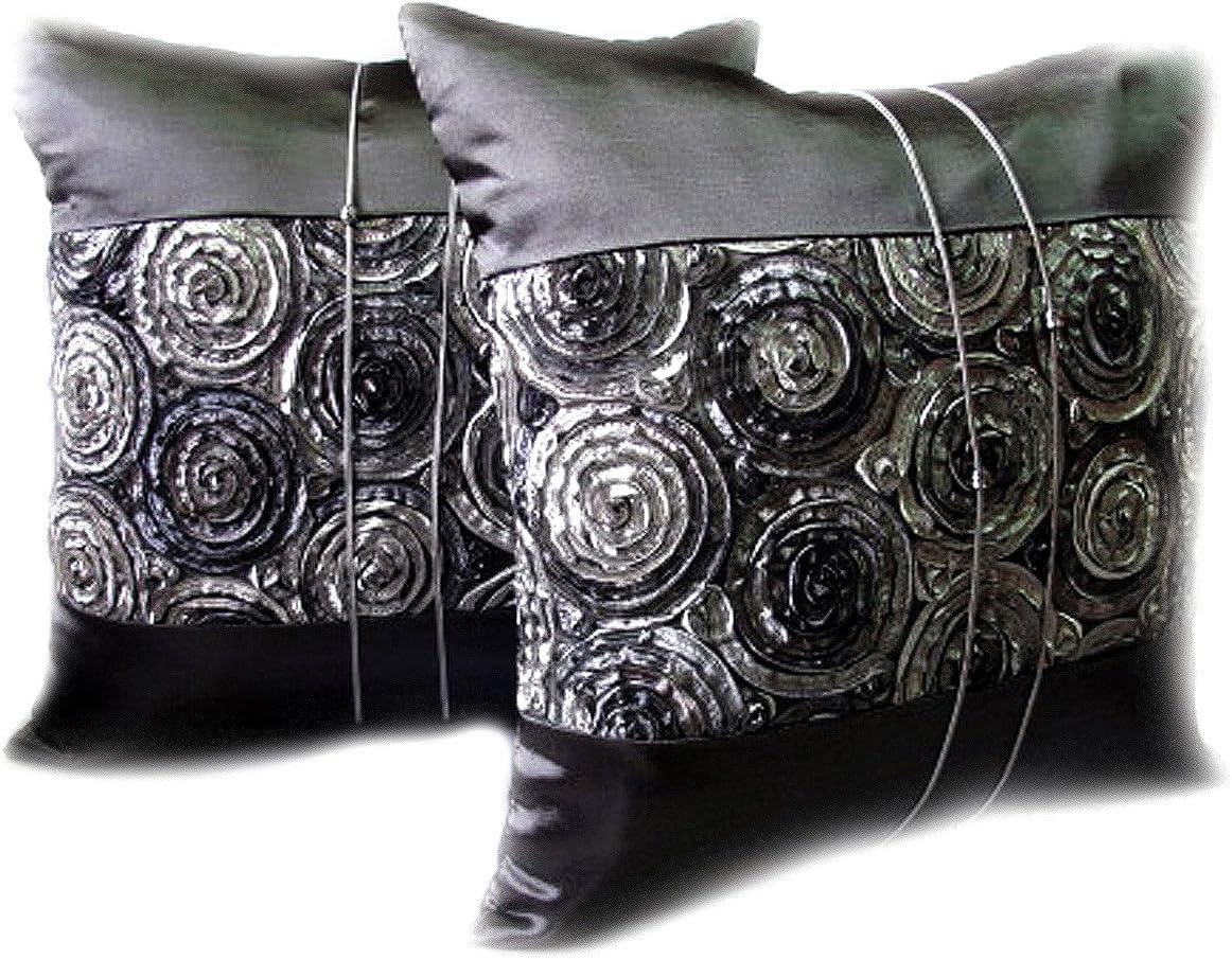 One Pair Two Tone 3D Bouquet of Gray Roses Throw Cushion Cover/Pillow Sham Handmade by Satin and Thai Silk for Decorative Sofa, Car and Living Room