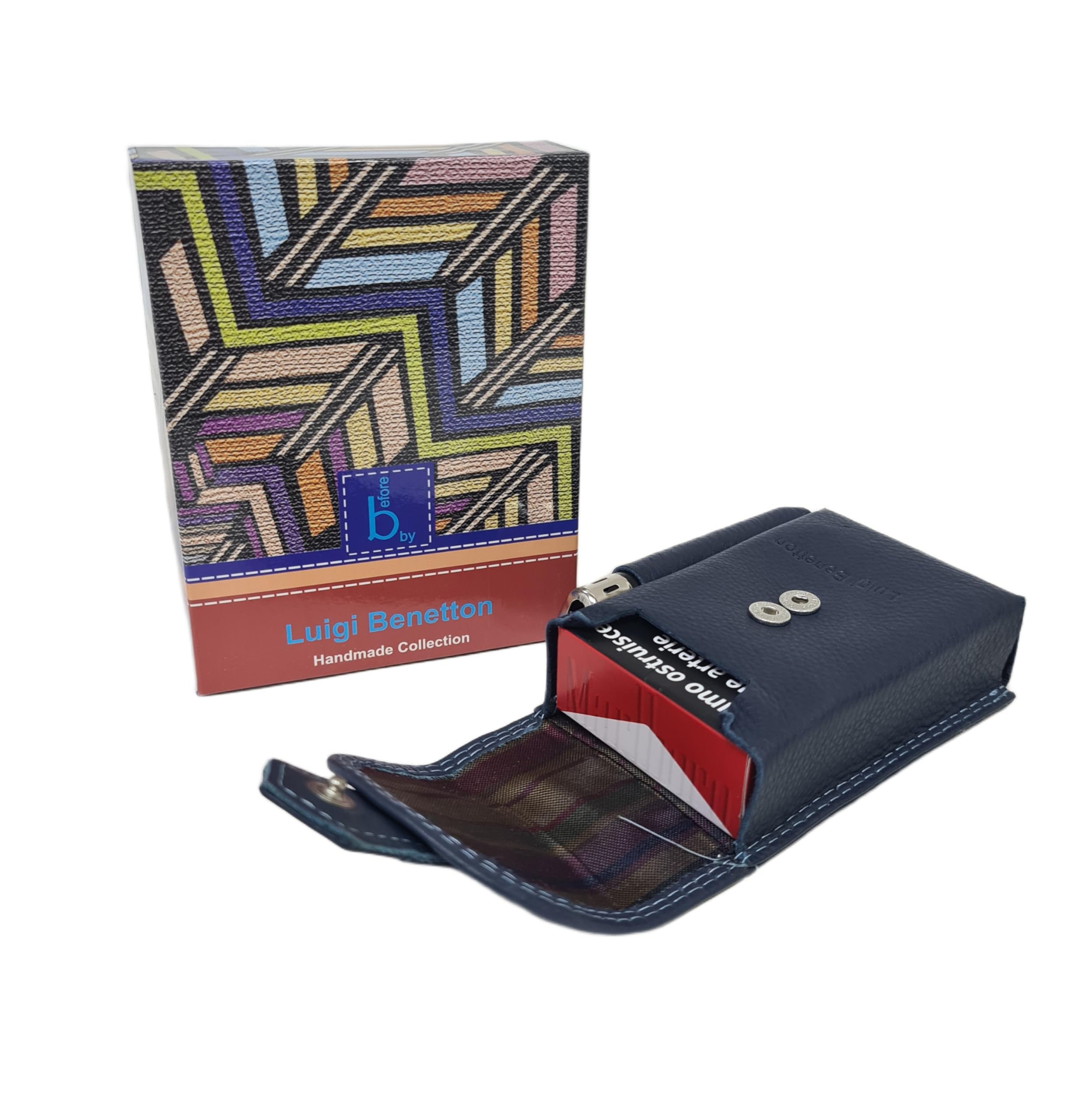 Luigi Benetton Portasigarette in Vera Pelle, Doppio Bottone, Porta Accendino Laterale, Dimensioni 10x6,5x3 cm, con Scatola Regalo Art. 3176 (BLU)