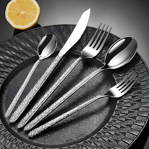 Miniatura 7 de Juego de cubiertos martillados dorados de 60 piezas con cuchillos para carne, juego de cubiertos de acero inoxidable para 12, mango vintage grueso,