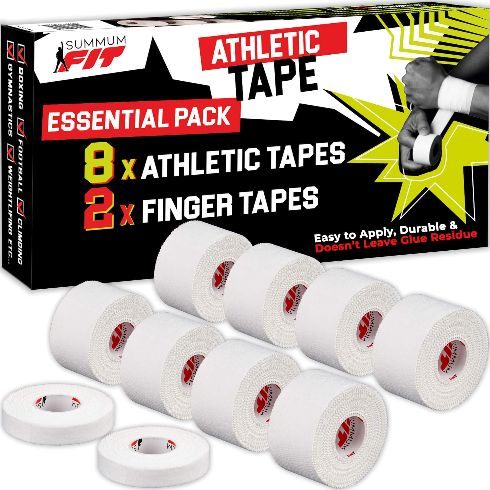 White Athletic Tape Extremely Strong: 8 Rolls + 2 Finger Rolls. Easy to Apply & No Residue. Sports Tape Athletic for Boxing Football Climbing or Gymnastics for Wrist Ankle & Hand Protection