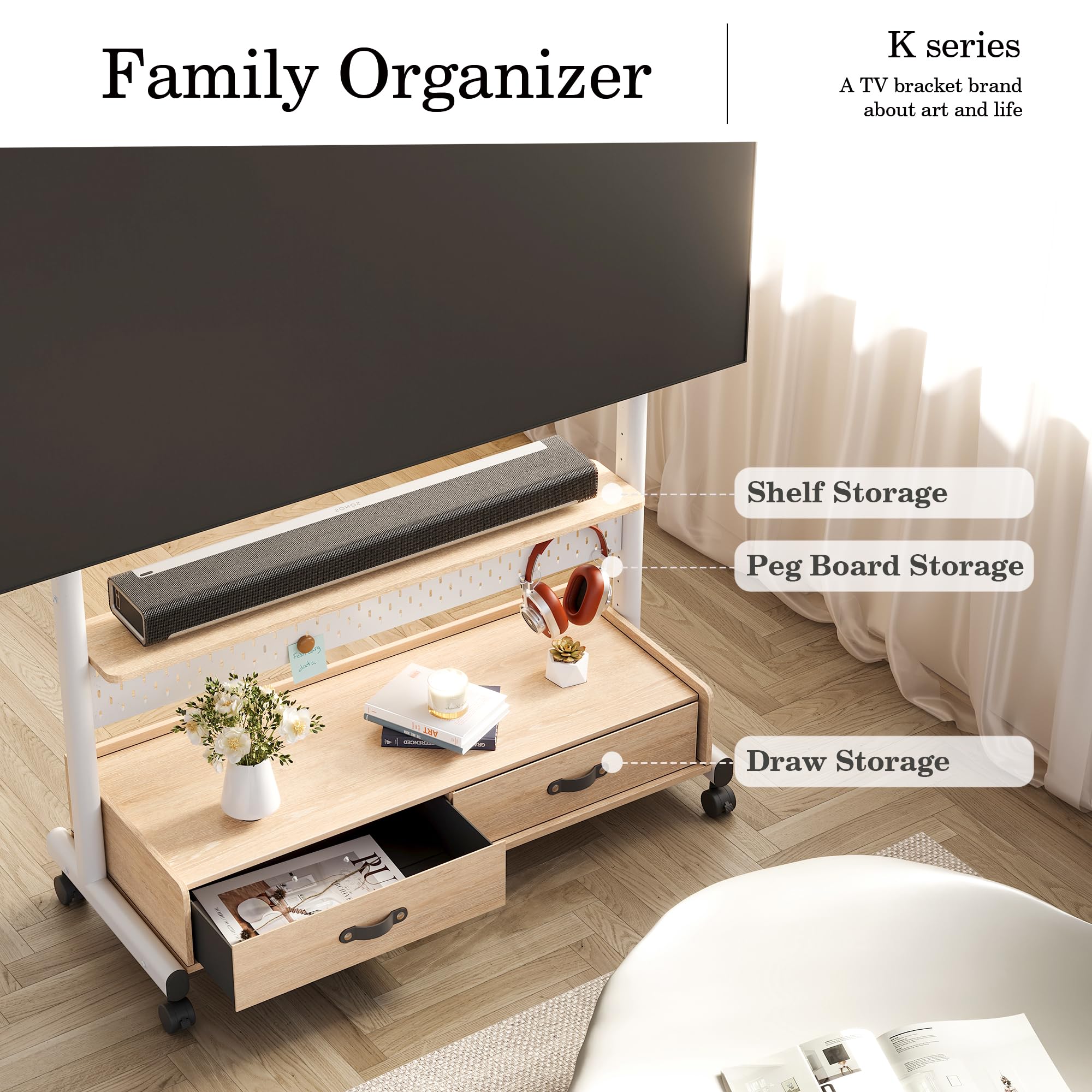 FITUEYES Rolling TV Stand with Drawers for 70 to 100 Large TV Screens?Mobile TV Floor Stand on Wheels with Ample Storage Pegboard & Wooden Shelf, Rolling TV Cart Hold up to 176 lbs, Max VESA 850 x 600