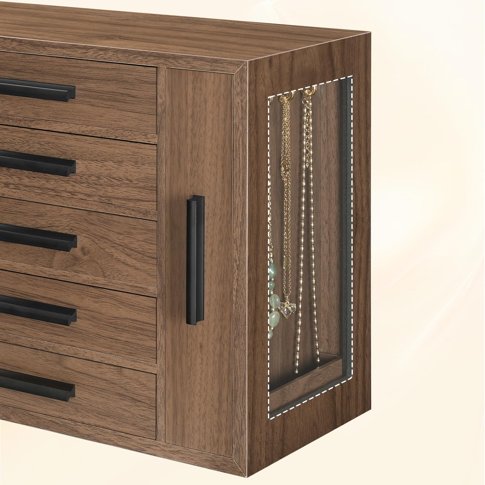 HOOBRO Caja para Guardar Joyas con 5 Niveles, Joyero de Madera con Ventanilla Transparente y 2 Cajones Verticales, Cofre para Joyas, Pendientes, Collares, Anillos, Relojes, Nogal y Negro EBH19JB04