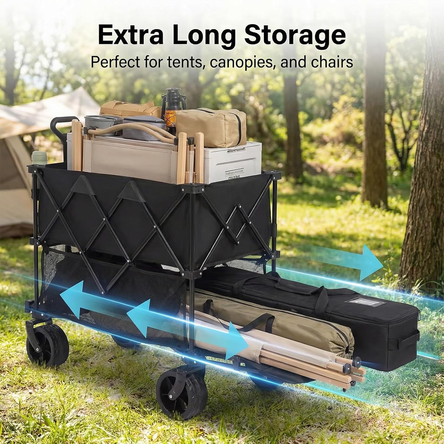 Double Decker Wagon with Table, 600lb 400L 54'' Extra Long Heavy Duty Wagons Carts Foldable with Tailgate, Utility Folding Cart Big All-Terrain Wheels with Brakes for Camping, Fishing, Beach, Outdoor