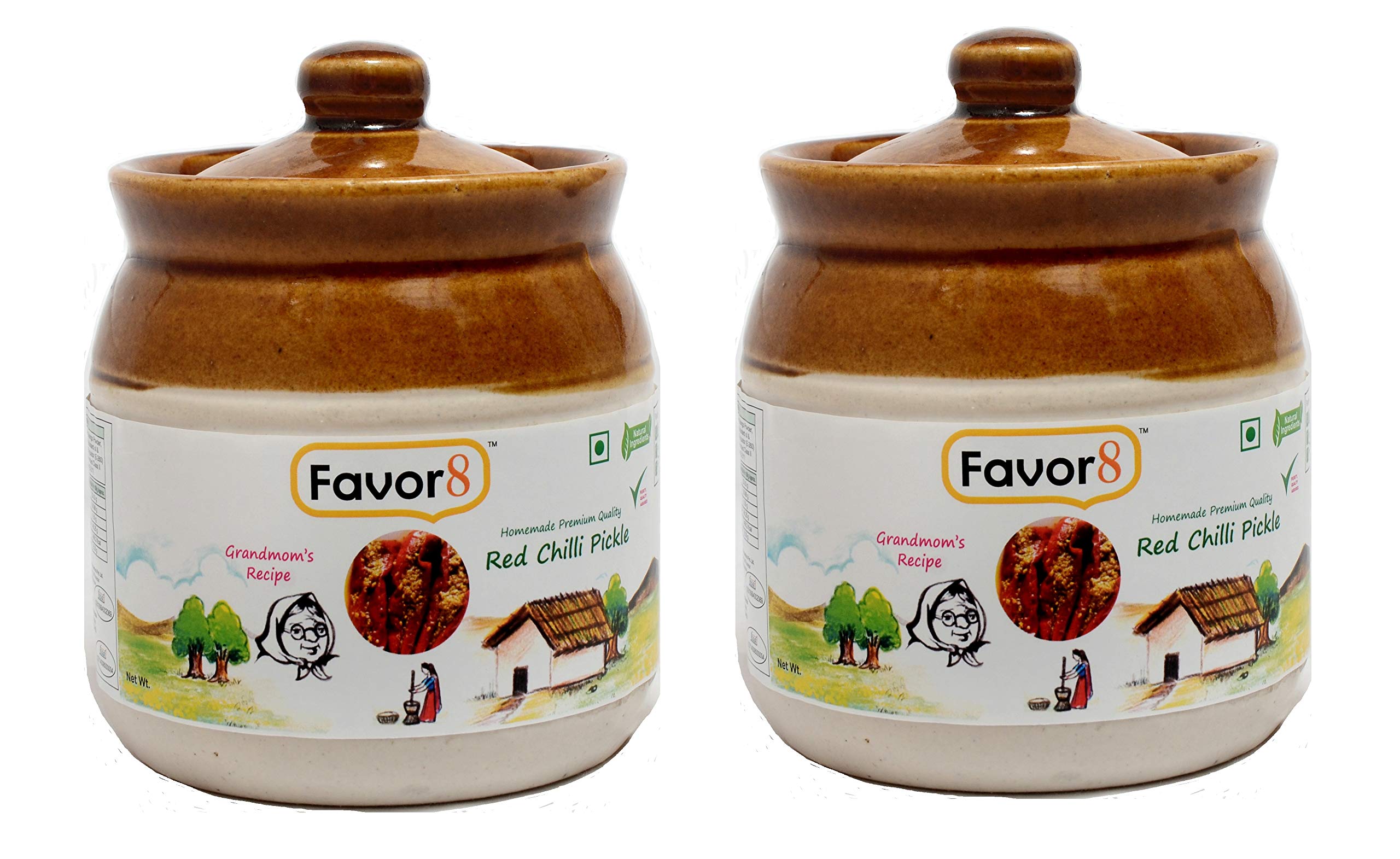 Favor8 Red Chilli Pickle (Stuffed Masala) 350g x Ceramic Jar Pack of 2