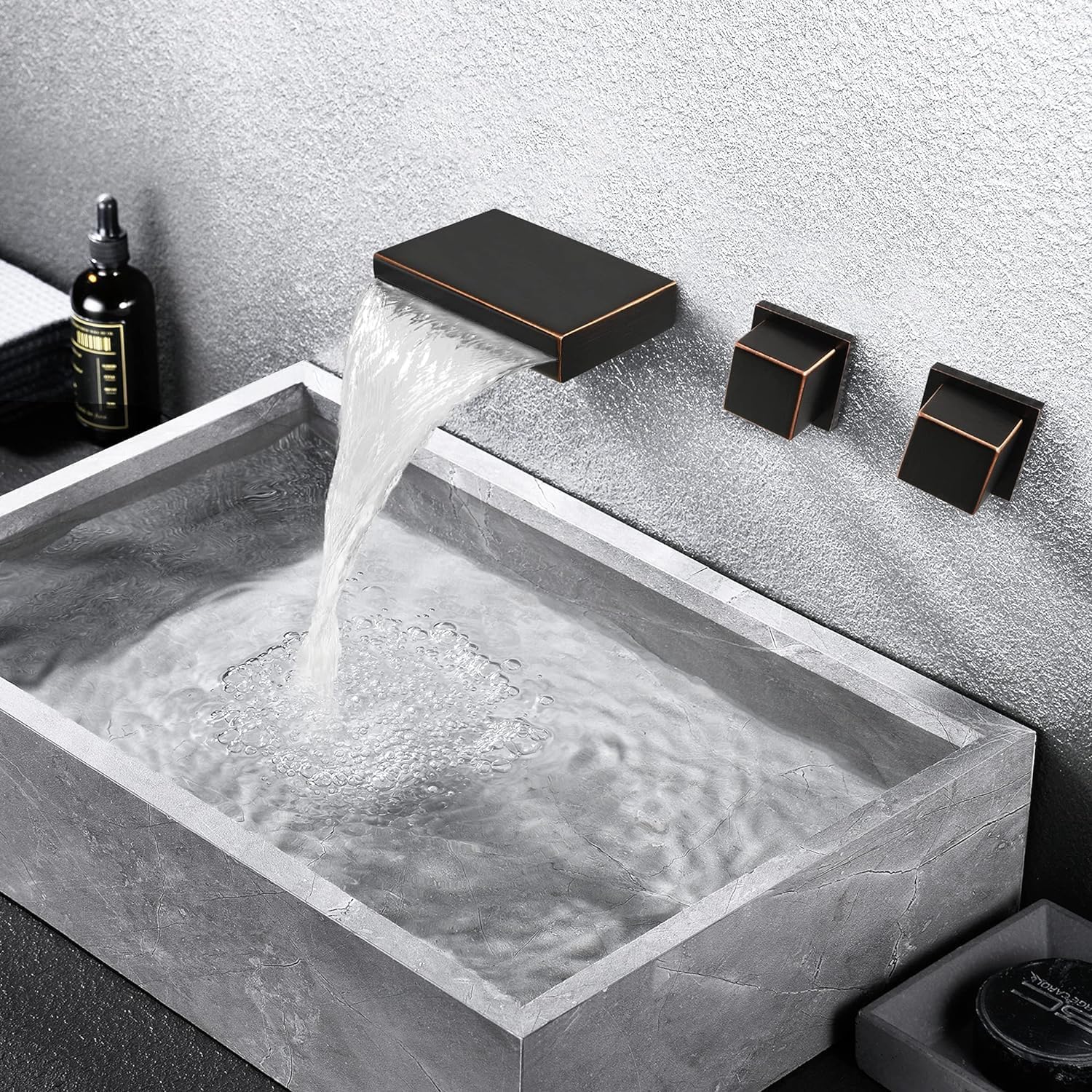 SKOWLL Wall Mounted Sink Faucet, Modern Waterfall Bathroom Faucet 2 Handle Widespread Faucets for Bathroom Sink 3 Holes Tub Filler, Oil Rubbed Bronze Finished