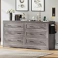 DWVO Farmhouse 6 Drawer Dresser for Bedroom, 59" Wide Modern Dresser TV Stand with Large Drawers & Bar Handles, Storage Dressers with Power Outlets, Rustic Wood Chest of Drawers, Rustic Brown