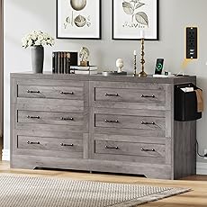 DWVO Farmhouse 6 Drawer Dresser for Bedroom, 59" Wide Modern Dresser TV Stand with Large Drawers & Bar Handles, Storage Dressers with Power Outlets, Rustic Wood Chest of Drawers, Rustic Brown