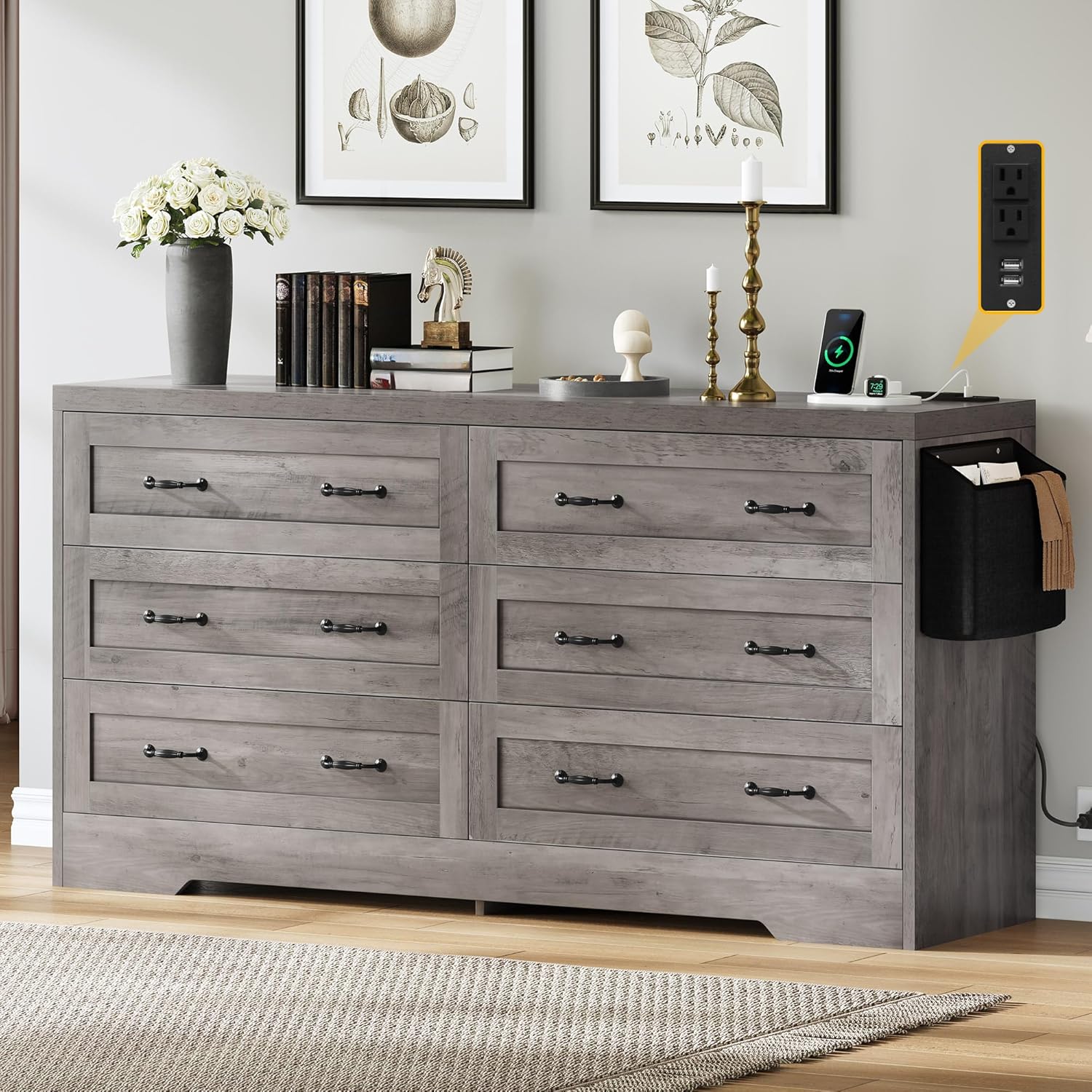 DWVO Farmhouse 6 Drawer Dresser for Bedroom, 59" Wide Large Modern Dresser TV Stand with Drawers & Bar Handles, Storage Dressers with Power Outlets, Rustic Wood Chest of Drawers, Grey - Amazon product rated Grade B