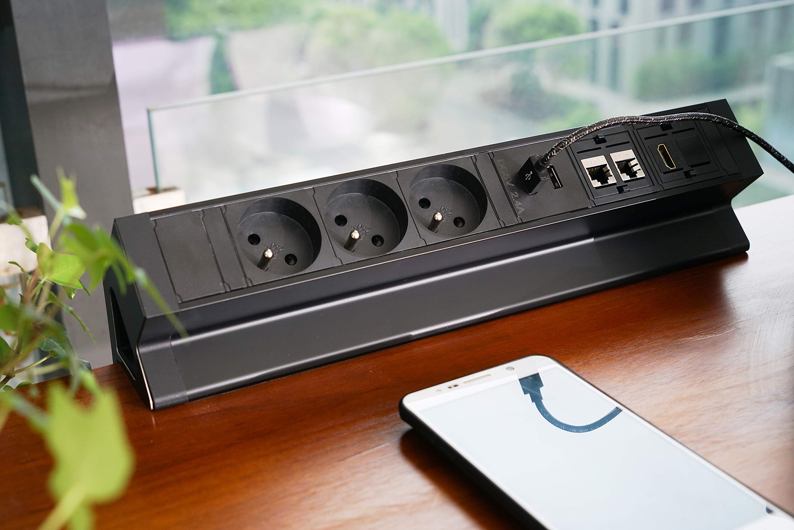 Bloc Prise pour Bureau, multiprise 3 Prises, 2 USB, 2 RJ45, HDMI, Prise Plan de Travail, Protection en métal Contre Les surtensions, 1,5 m câble pour Bureau, Atelier, Cuisine EL4103URH-FR