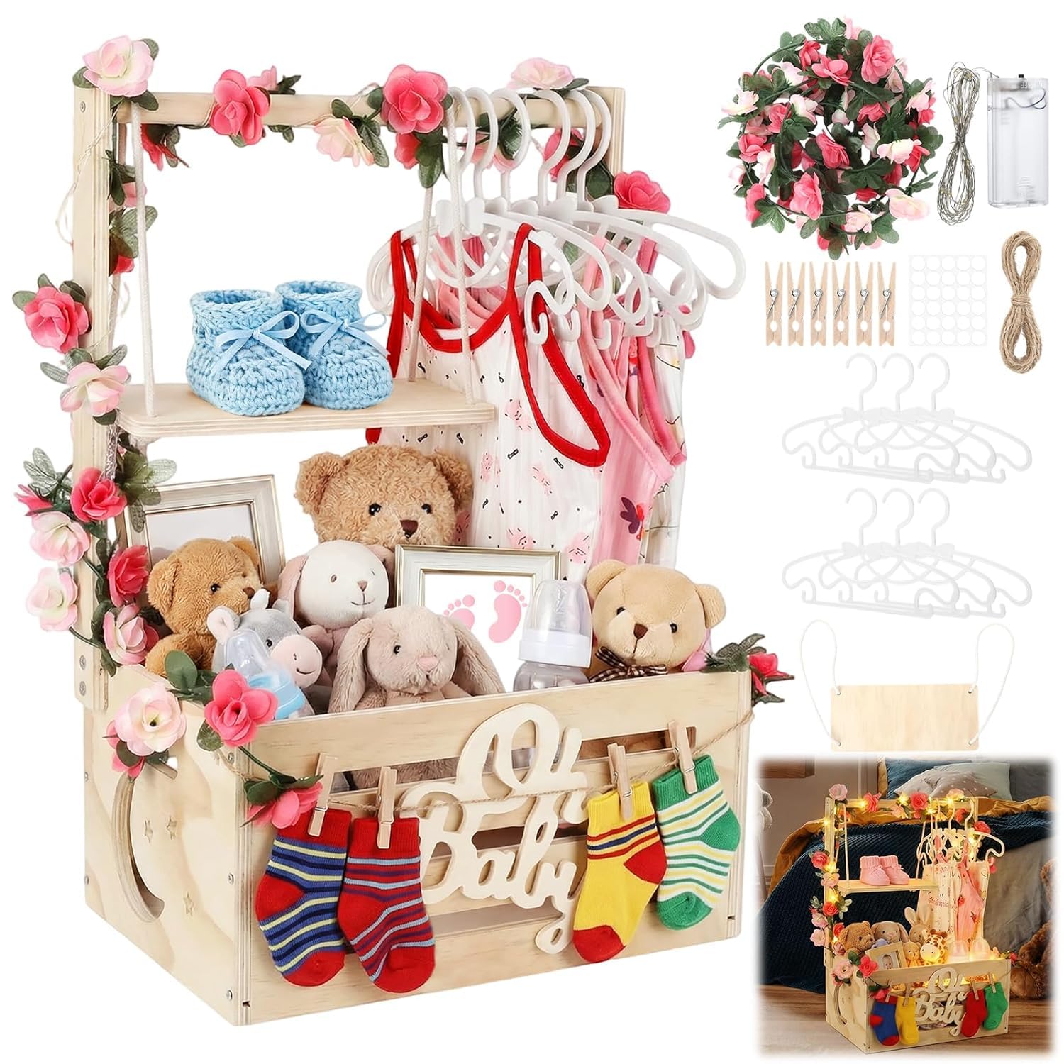 Armario de madera para baby shower, cesta de regalo personalizada para bebé con mango ajustable, incluye luces de cadena, guirnalda, 6 ganchos y 6 clips, regalo único para recién nacidos para niños y