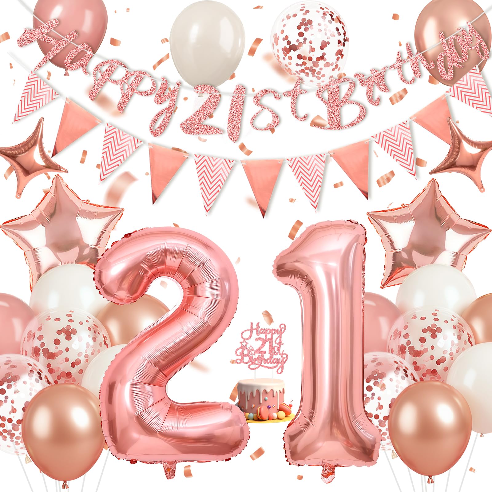 Happivue 21st Birthday Decorations for Her, Sweet 21st Birthday Balloons Decorations With 21st Banner, Cake Toppers and Triangle Flags, Foil Balloon, 21st Birthday Gifts for Her Girl Women