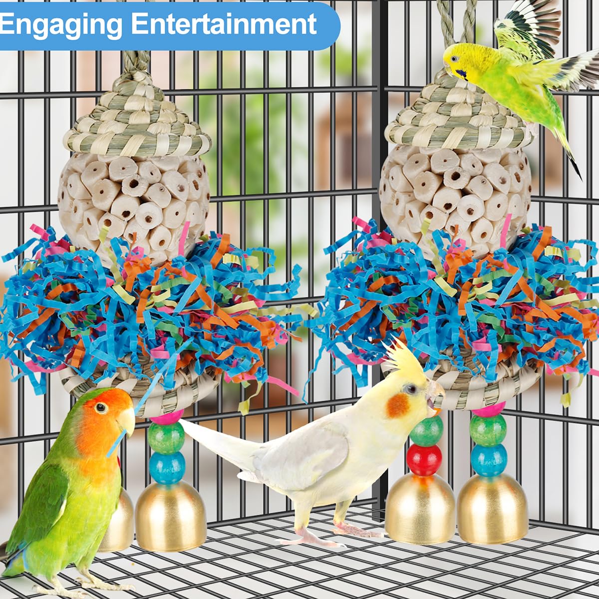 BBjinronjy 2PCS Bird Toys Parrot Foraging Shredder Hanging Toys Sola Balls with Bell for Small Parrots Parakeets, Cockatiel - Image 3
