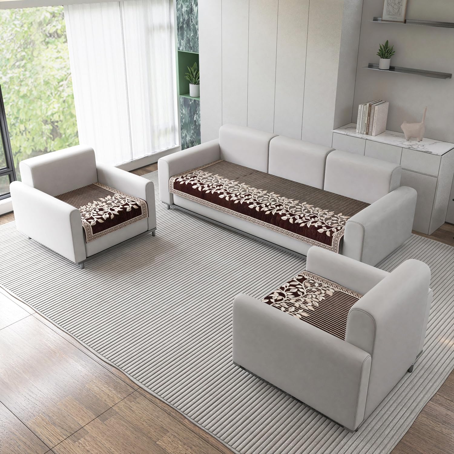 Nendle Refined Velvet Floral Sofa Mat 5 Seater Set Cover Elegant and Durable Protector for Living Room Sofa Set 3+1+1, Suitable for Wooden, Leather, Other Fabric Sofa Set (Color Brown, Pack of 3)-image-7