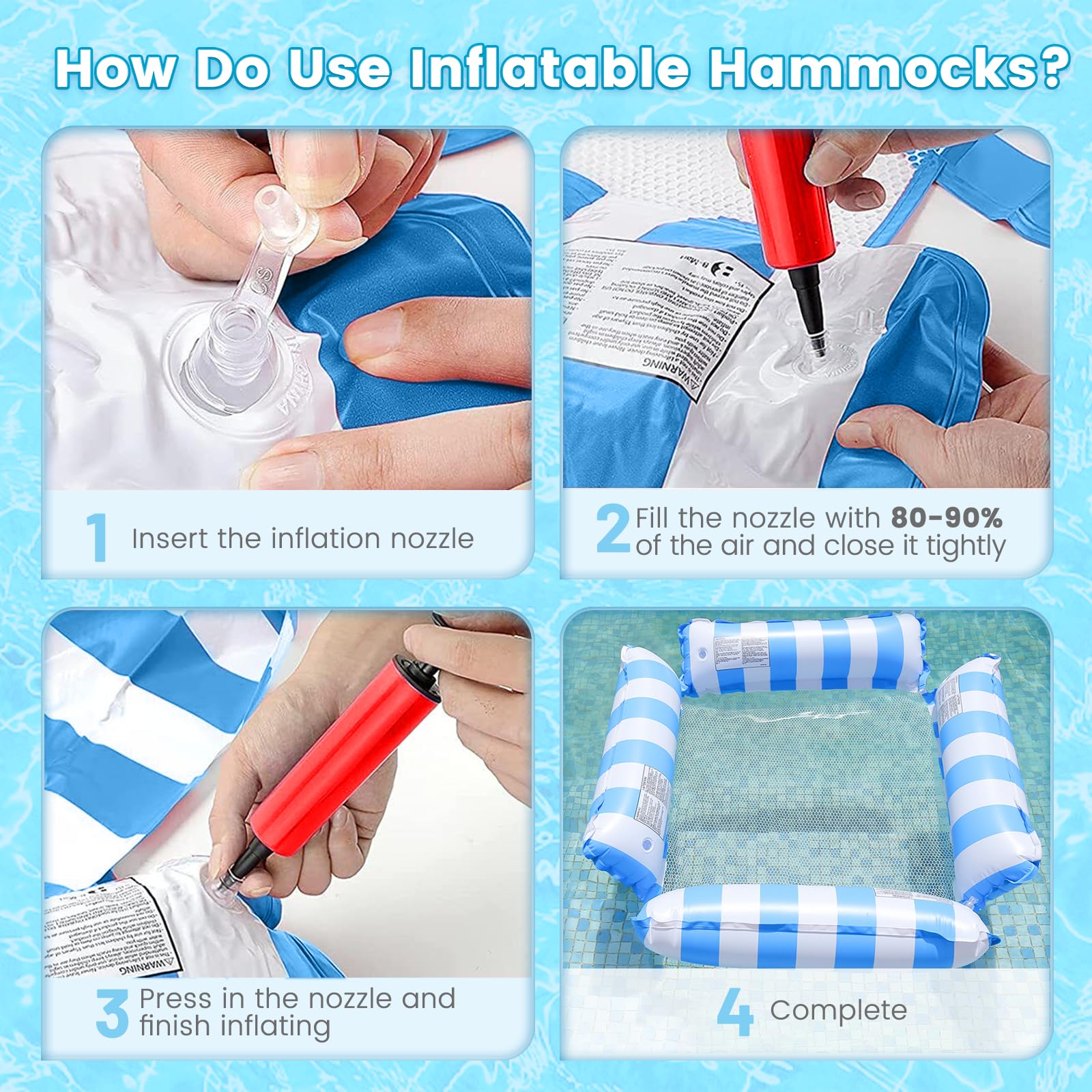 2 Pack Inflatable Pool Floats Hammock, 4-in-1 Multi-Purpose Portable Water Pool Floats with a Manual Air Pump - Image 2