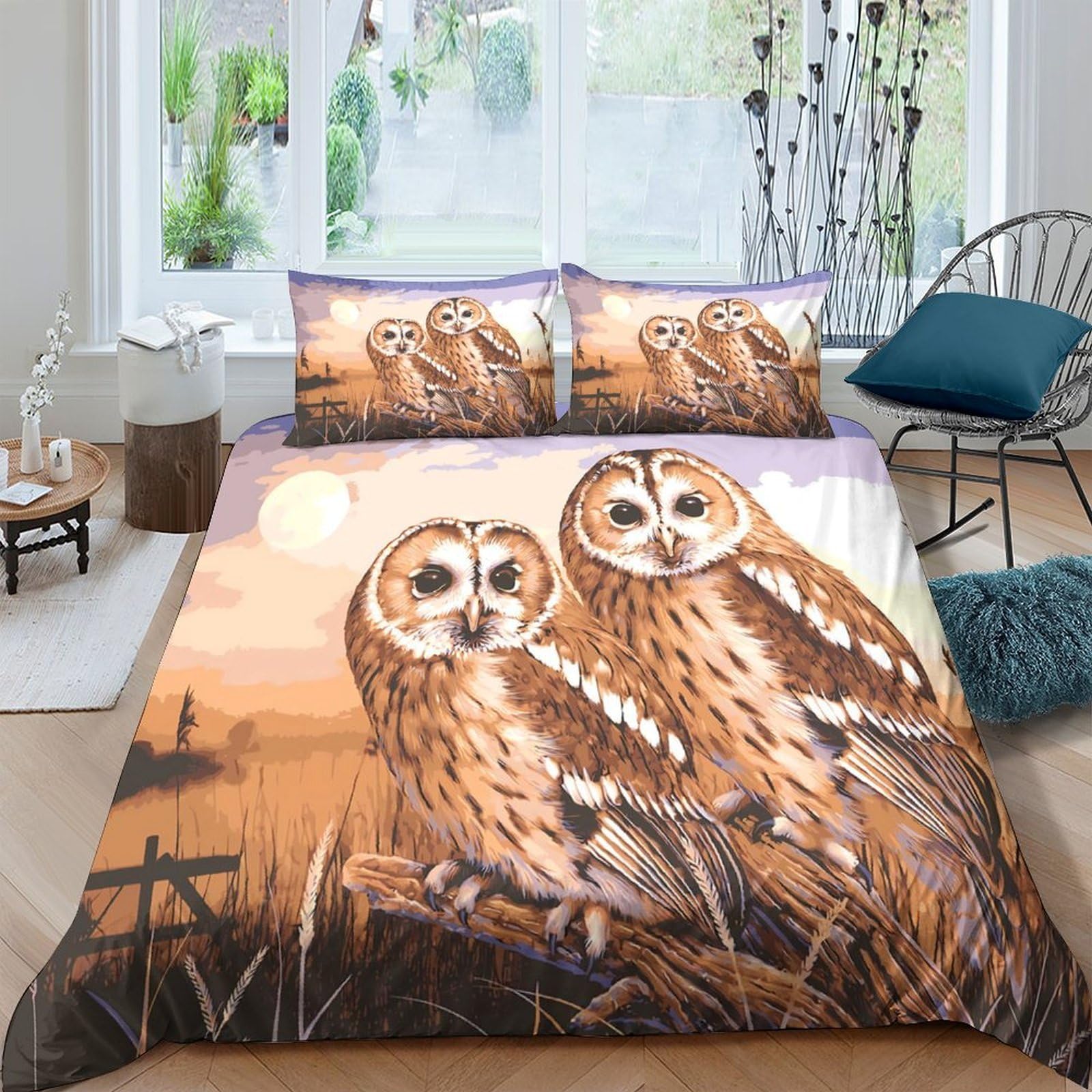 Ctjqhvkz Style-2 3D Printed Owl Sunset Fitted Sheet Microfiber Soft Breathable Forest Scene Mattress Cover For Bedroom Dorm Decor Single（135X200cm）