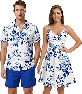DRESSFO Matchable Couples' Outfit Tropical Flower Leaf Print Button-up Shirt Or Strappy Dress
