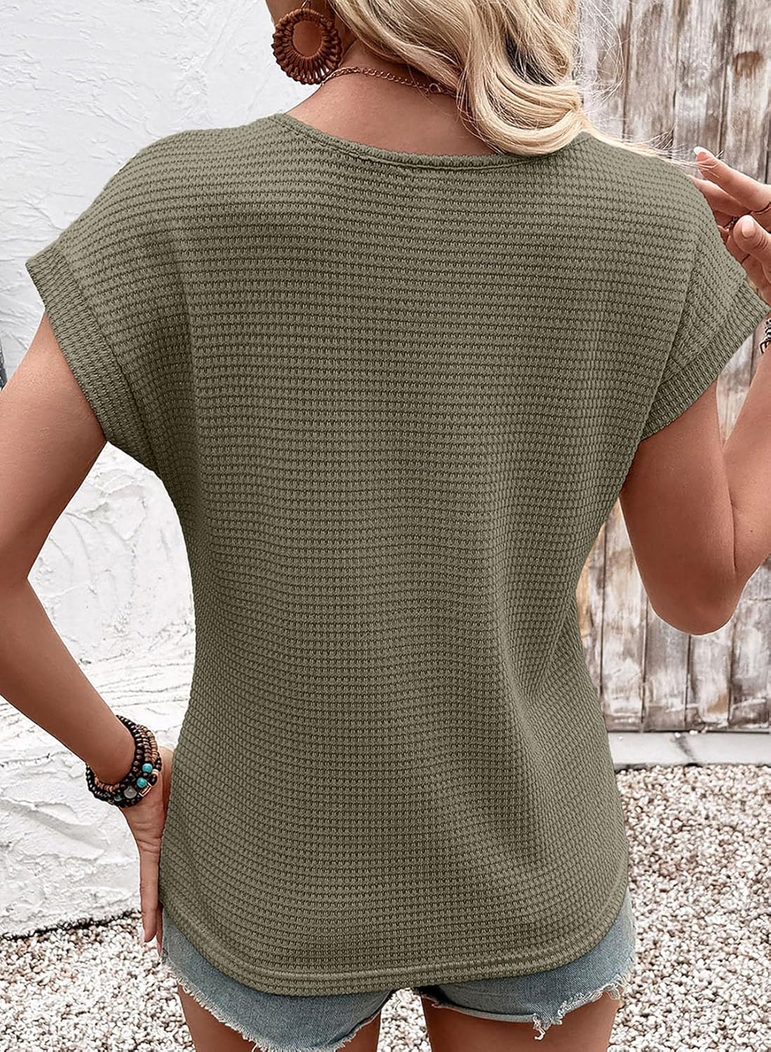 Dokotoo Womens Summer Tops 2026 Waffle Knit Lace Hollow Out Short Sleeve T-Shirts Crewneck Casual Loose Basic Tee Blouses - Image 2