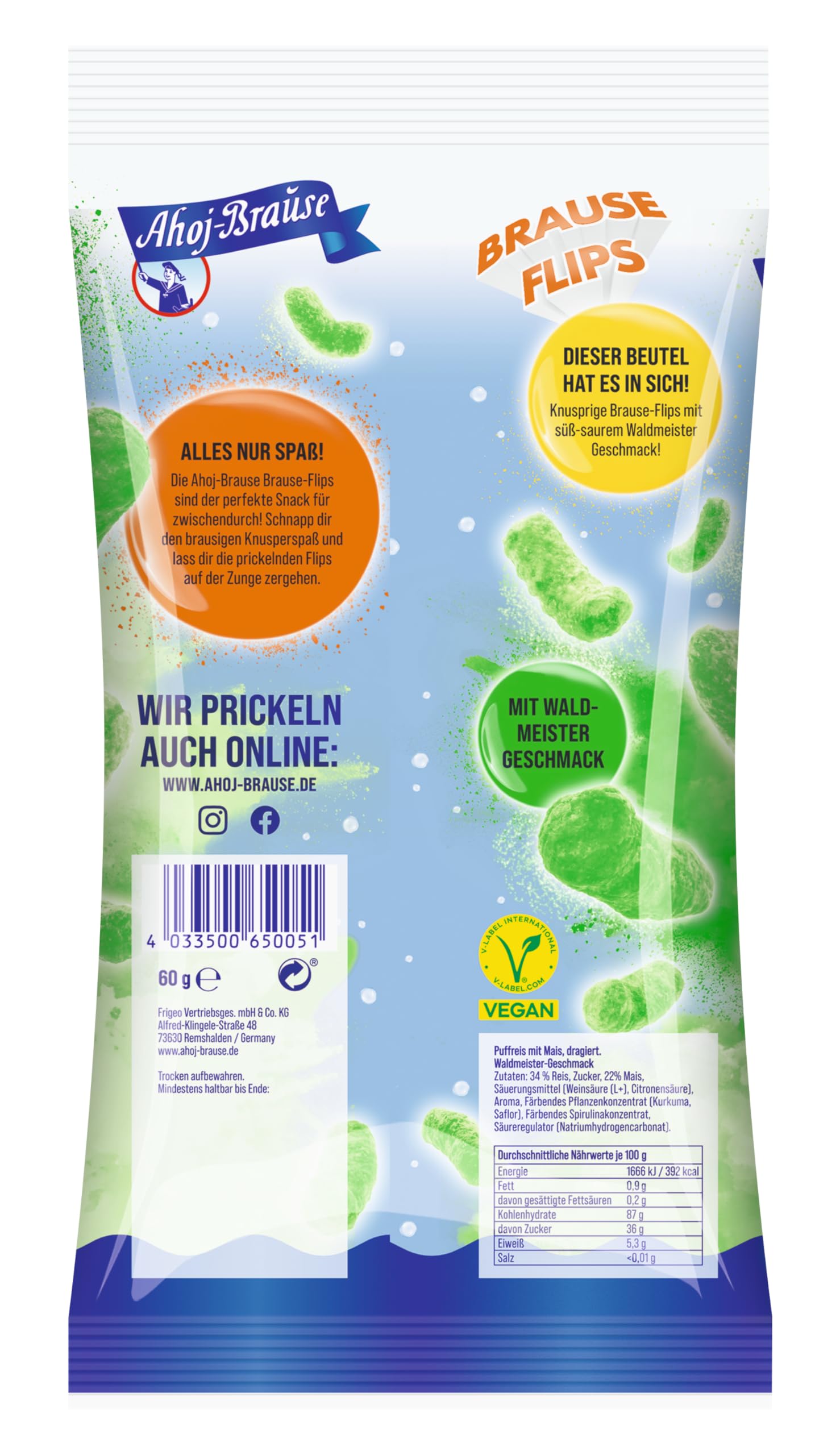 Frigeo Ahoj-Brause Flips Waldmeister – Puffreis-Snack mit Brause-Kick, vegan, knusprig und süß-sauer – Vorratspack, 18er Pack (18 x 60 g)