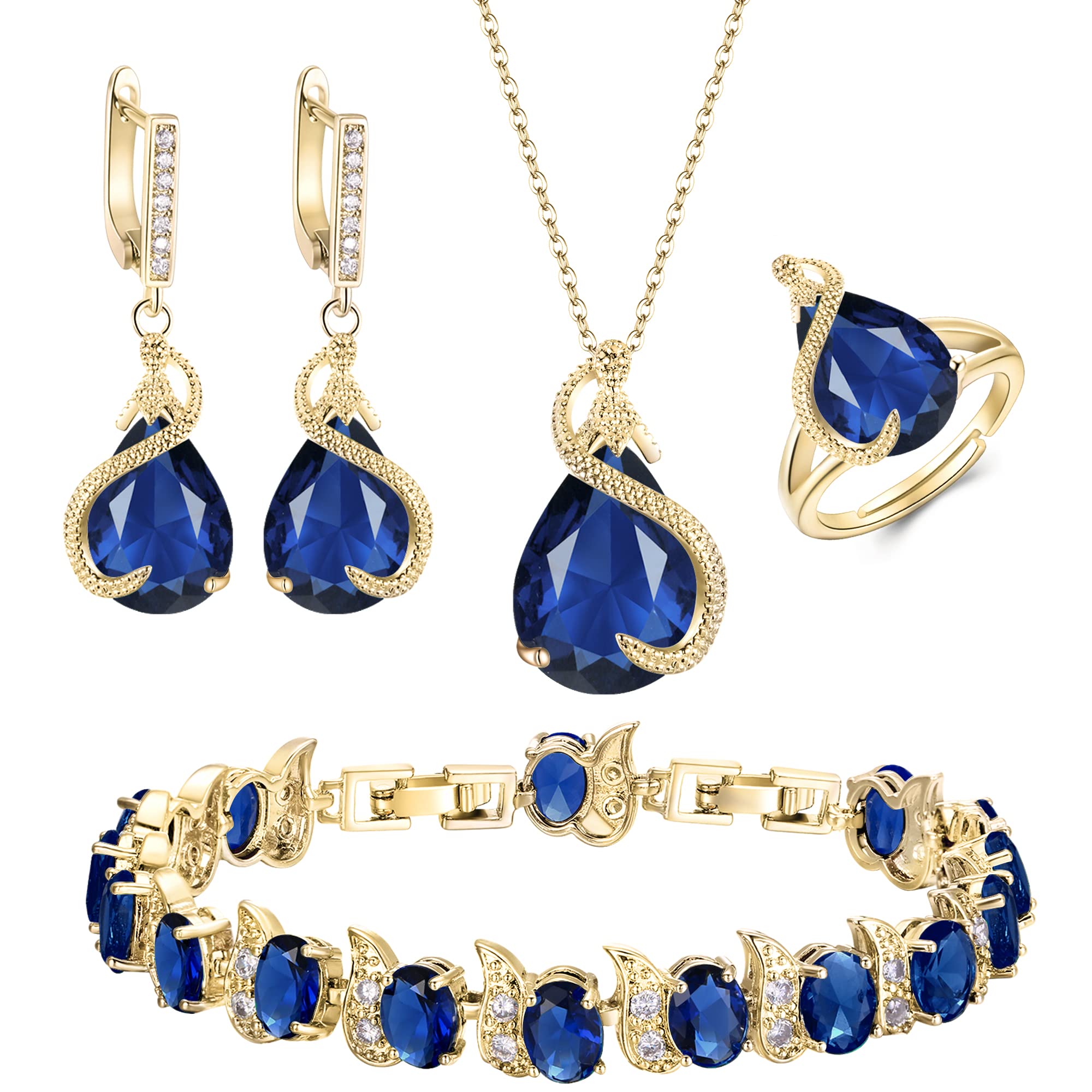 EVER FAITH Parure Bijoux 4PCS Ensemble Goutte d'eau Cubique Zircone Glamour Collier Boucles d'oreilles Bracelet de tennis et Anneau Ouvert pour Dames de Mariage Fête Clair Ton d'argent