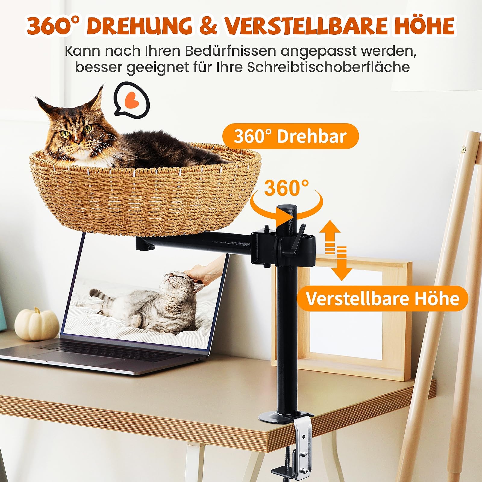 Katzenbett für Schreibtisch - 360°Drehung, verstellbare Höhe Kein Bohren Erhöhtes Katzenhaus über Schreibtisch Hält Kätzchen Katze nah und Arbeitsbereich Klarer Tisch-Katzenbett mit Haustier-Kissen