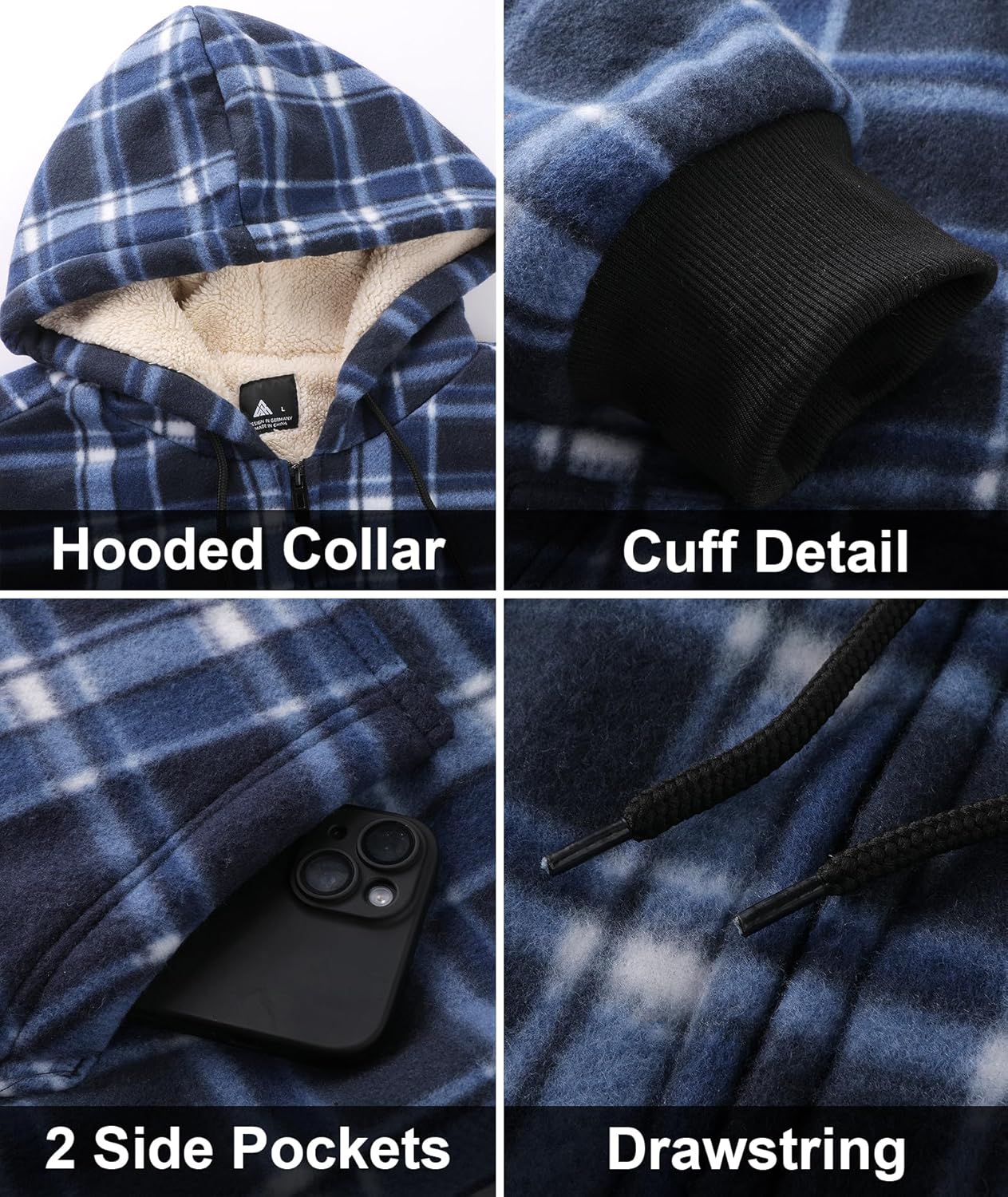Little Beauty Zip Up Hoodies for Men Sherpa Lined Flannel Jacket Winter Warm Plaid Coat with Pocket - Image 6