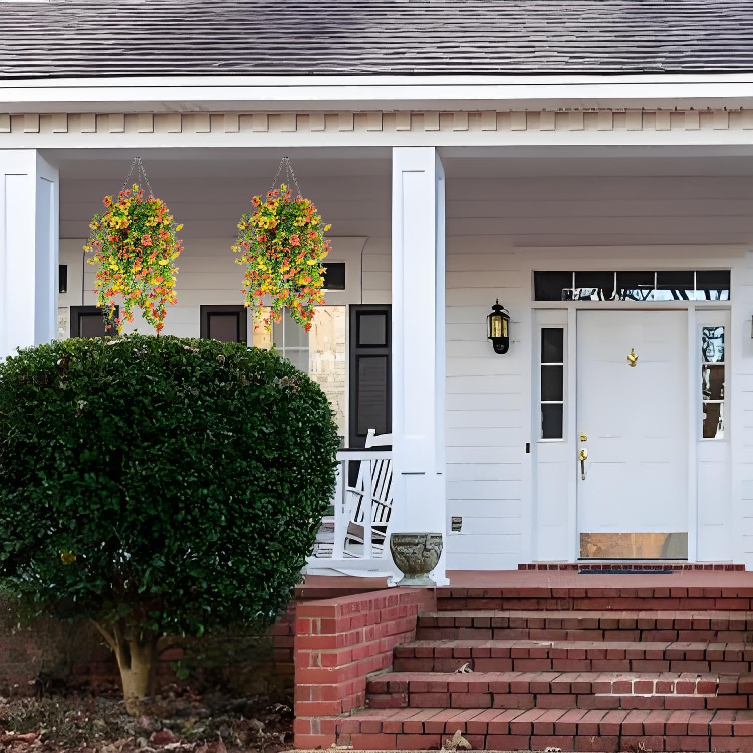 Artificial Hanging Flowers for Outdoor,4 Pcs Fake Hanging Plants Decoration,UV Resistant Faux Silk Flower with Eucalyptus Leaves for Outside Planter Yard Porch Patio Balcony (Orange+Yellow) - Image 7