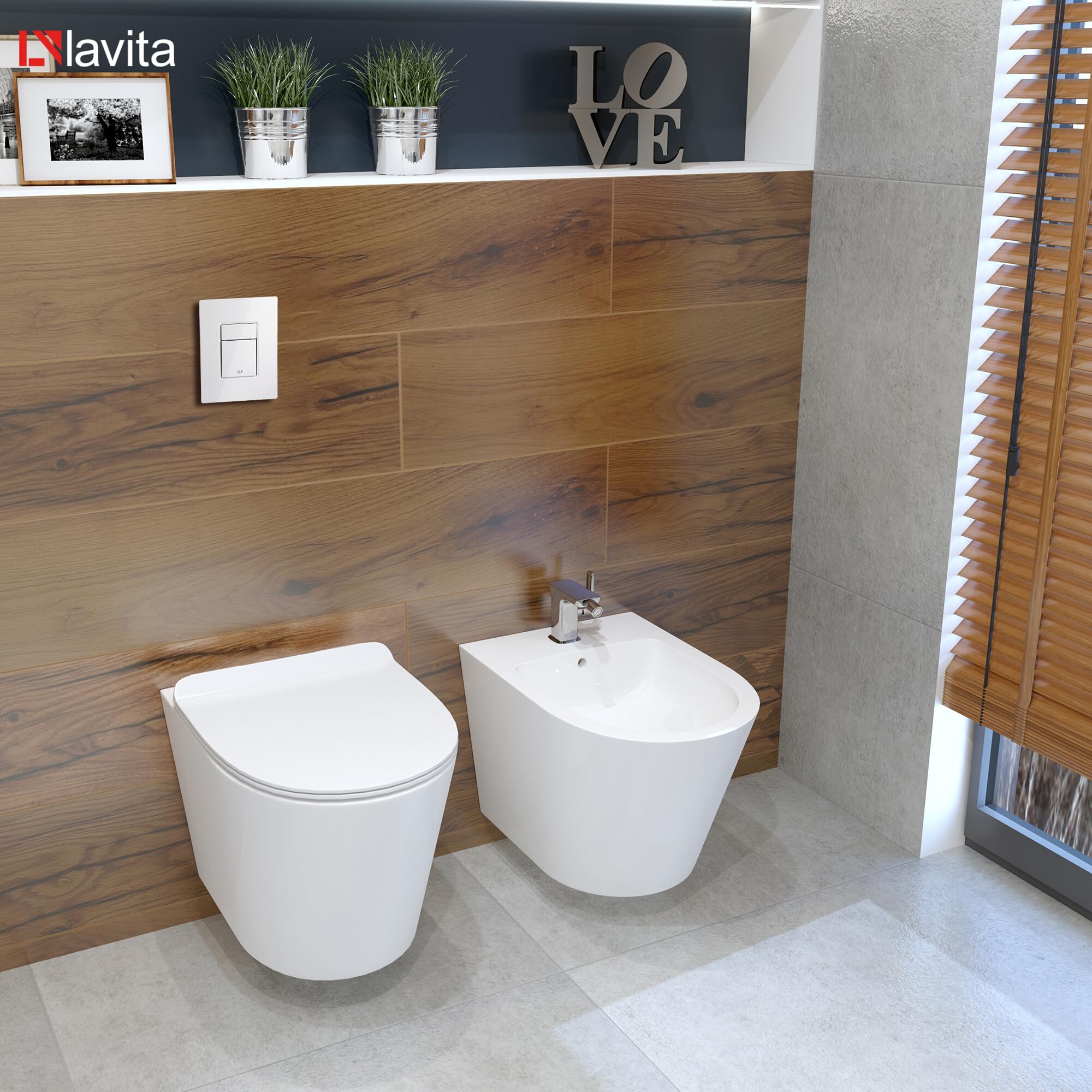 Lavita Vorwandelement Solido + Wand Hänge WC Galve Weiß Spülrandlos + WC Sitz mit Absenkautomatik Glänzend Weiß Knopf Komplettset Unterputz Spülkasten Toilette Komplett Sett WC