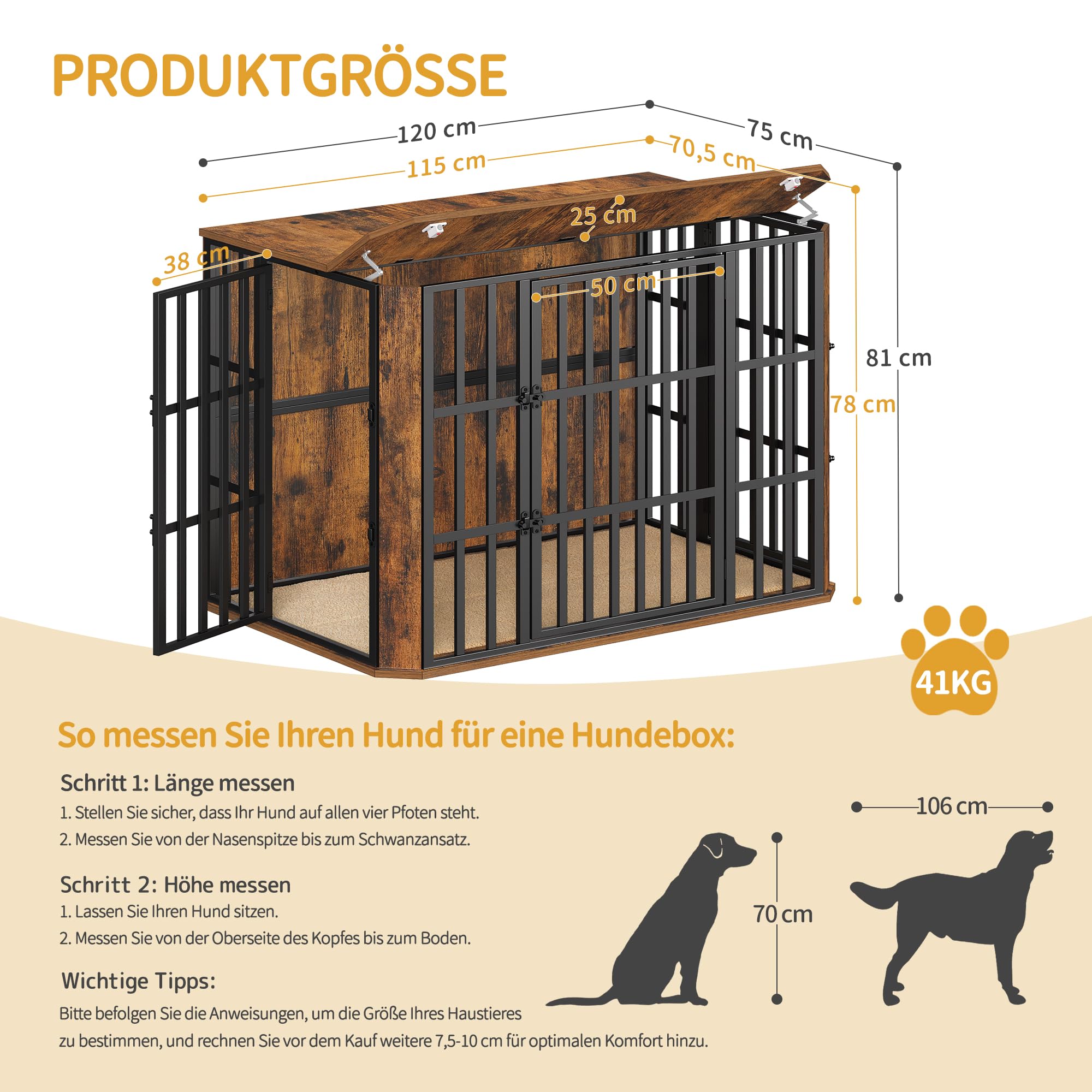 Hzuaneri Hundekäfig Möbel, Hochbelastbar Hundebox aus Holz für den Innenbereich mit Futtertür Oben, Mehrtür-Design, Großer Hundekäfig-Beistelltisch, 120 x 75 x 81 cm, Vintage Braun DFC86801B