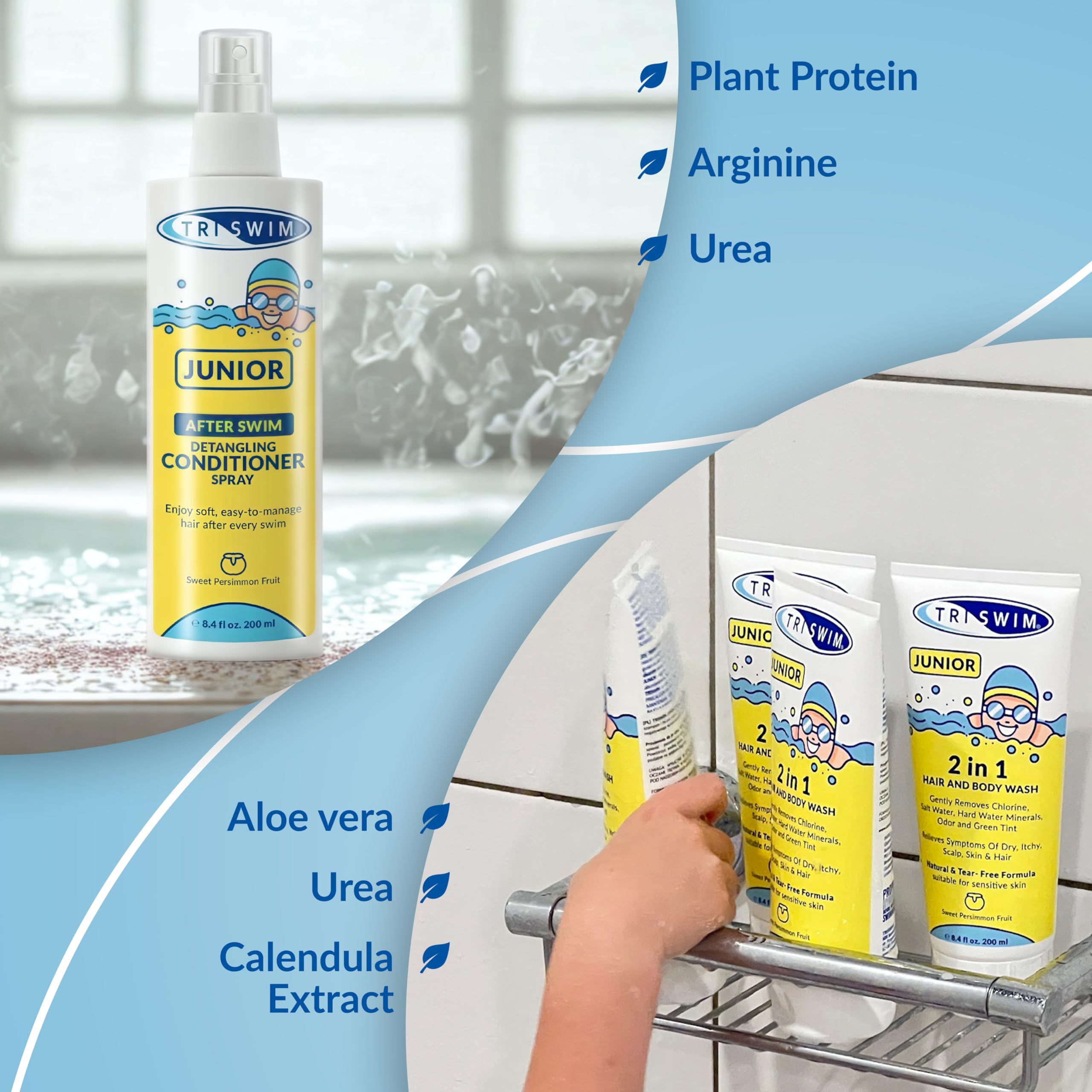 TRISWIM Junior After Swim - Acondicionador desenredante en Aerosol para niños, Protege y repara el Cabello dañado por Cloro, Productos químicos de Piscina y Agua Salada, desenredante de Cabello
