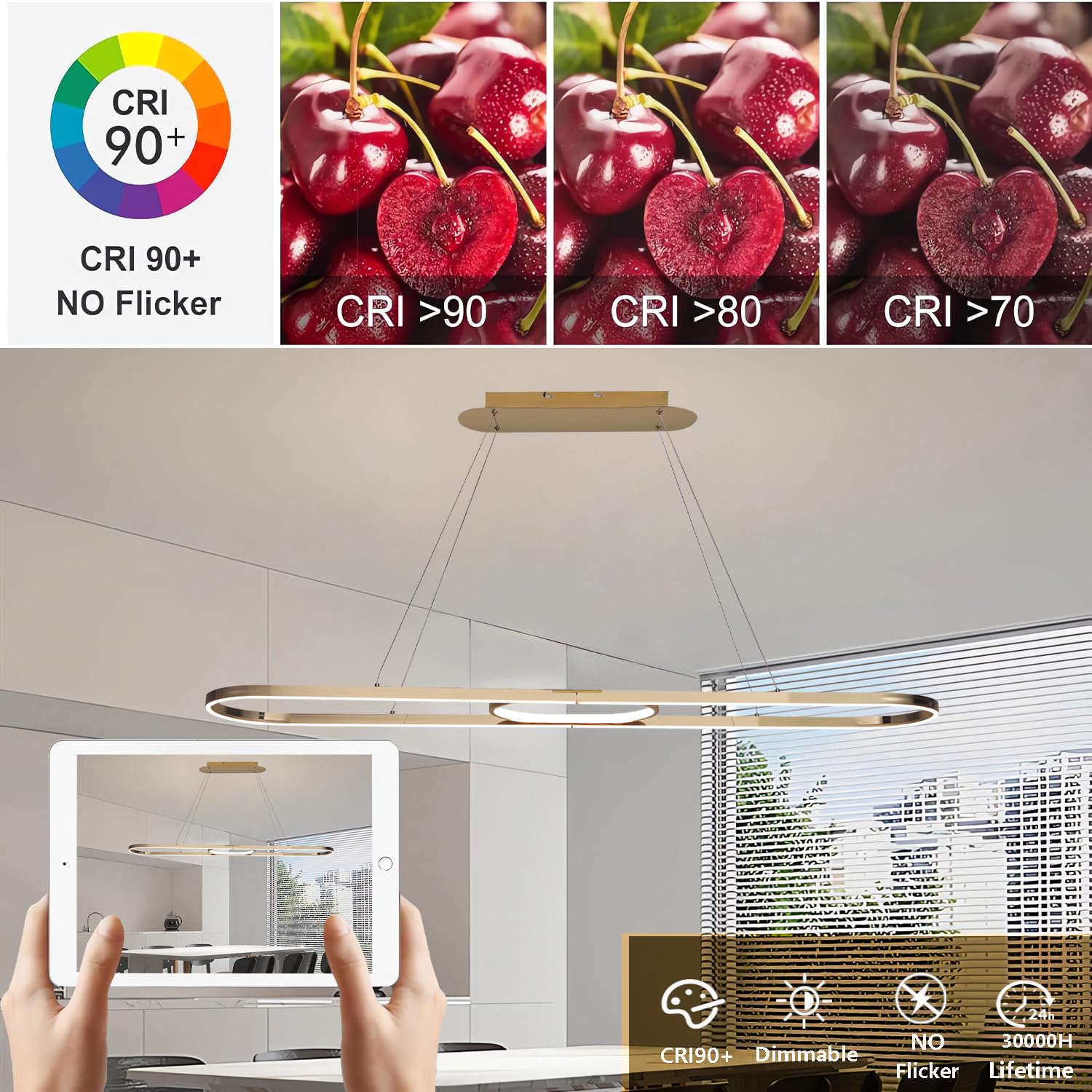 Moderne Chrom LED-Pendelleuchte,dimmbare lineare Esstisch-Kronleuchte 75W 3000K-6000K,ferngesteuerte verstellbare Luxus-Oval-Aluminium-Leuchte,Hängelampe für Kücheninsel,Esszimmer Büro (Gold, L120cm)