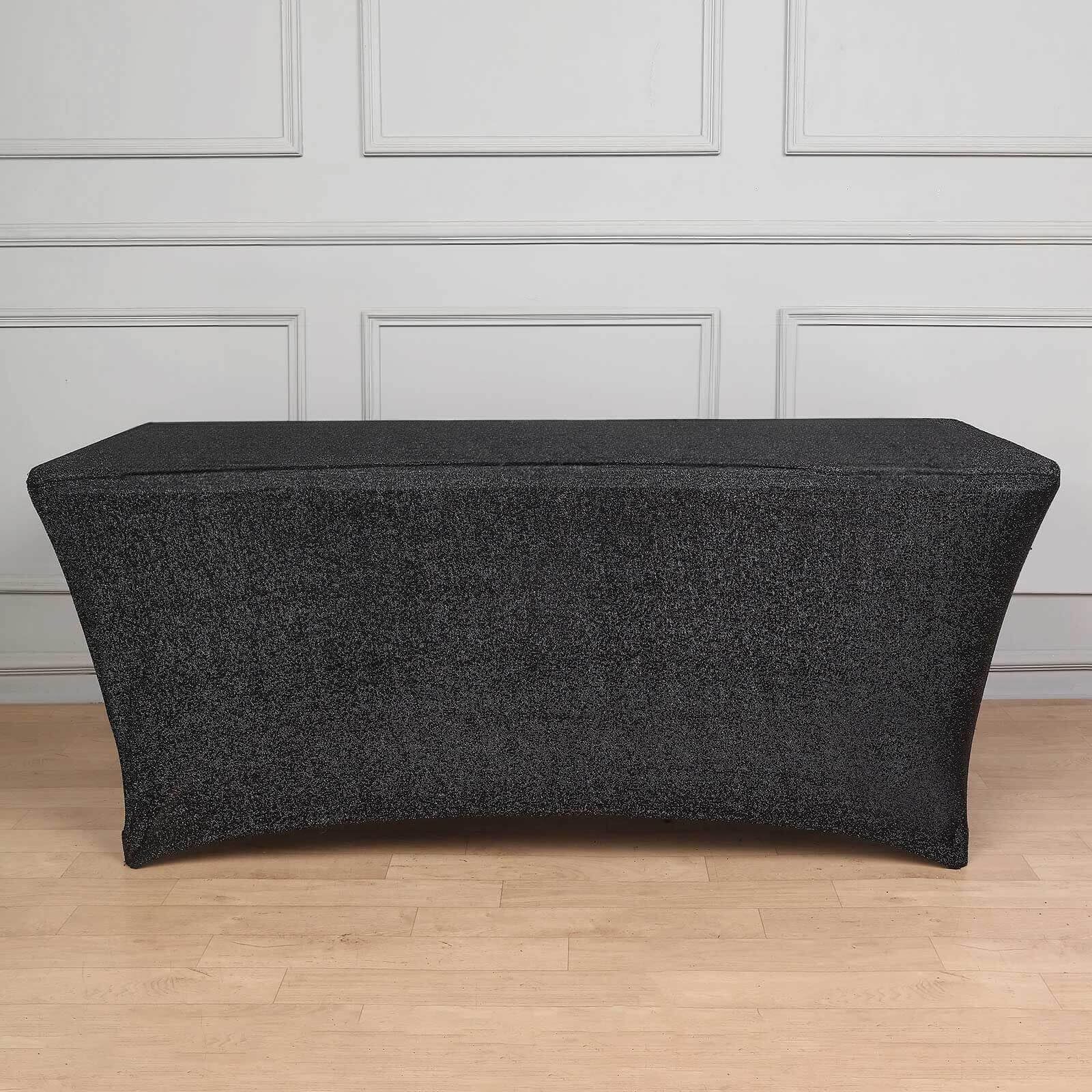 Efavormart 6ft Metallic Black Glitter Rectangular Spandex Fitted Table Cover, Stretch Fit Tablecloth