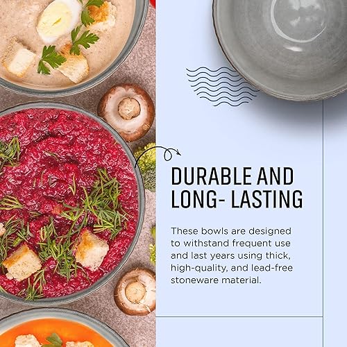 Miniatura 6 de American Atelier Juego de 4 cuencos de cereales estriados de 22 onzas, apilables de gres de 6 pulgadas para pasta, ramen y ensalada, cuencos de