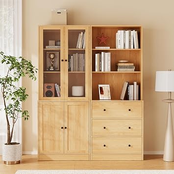 TUSY 71" H Bookshelf with Storage, 6-Tier Modern Bookshelves with 3 Large Drawer, Display Bookcase with Glass Doors, Modern 5-Tier Curio Cabinet for Home Office, Dining Room Wood, AB