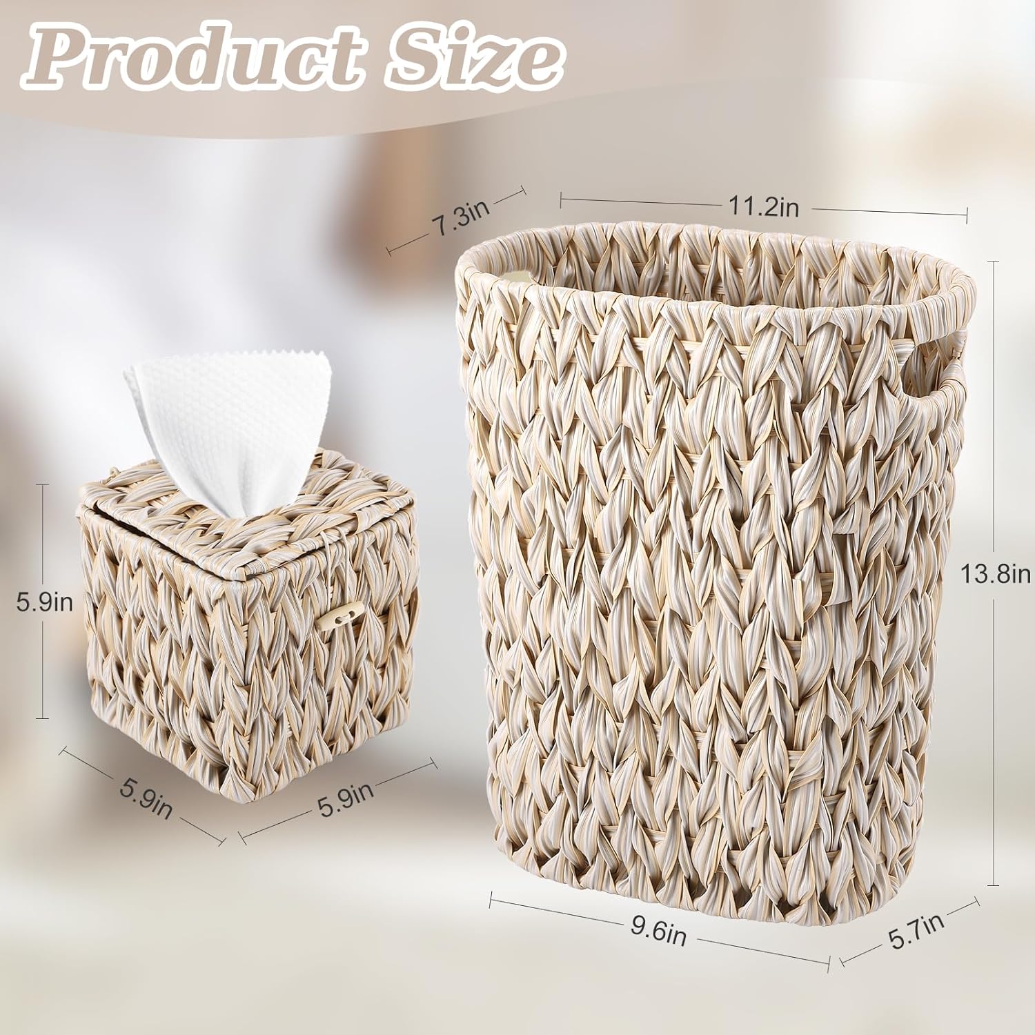 BSSN Wicker Trash Can & Square Tissue Box, Handwoven Waterproof Waste Basket with Handles, Wicker Home Set for Bedroom, Bathroom, Kitchen, Office, Balcony (Cream White)