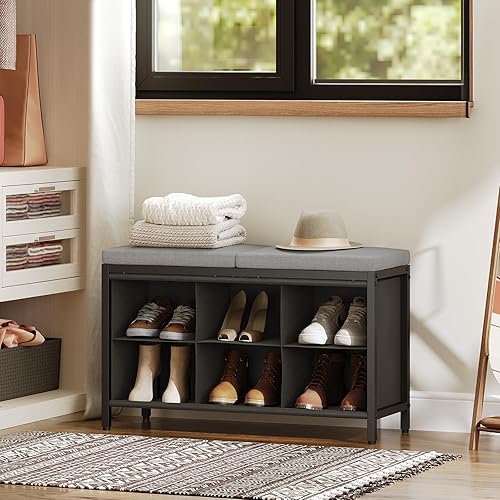 Miniatura 9 de Banco para guardar zapatos con cojín, banco para entrada, zapatero con asiento acolchado y 6 compartimentos Oxford, para armario, dormitorio,