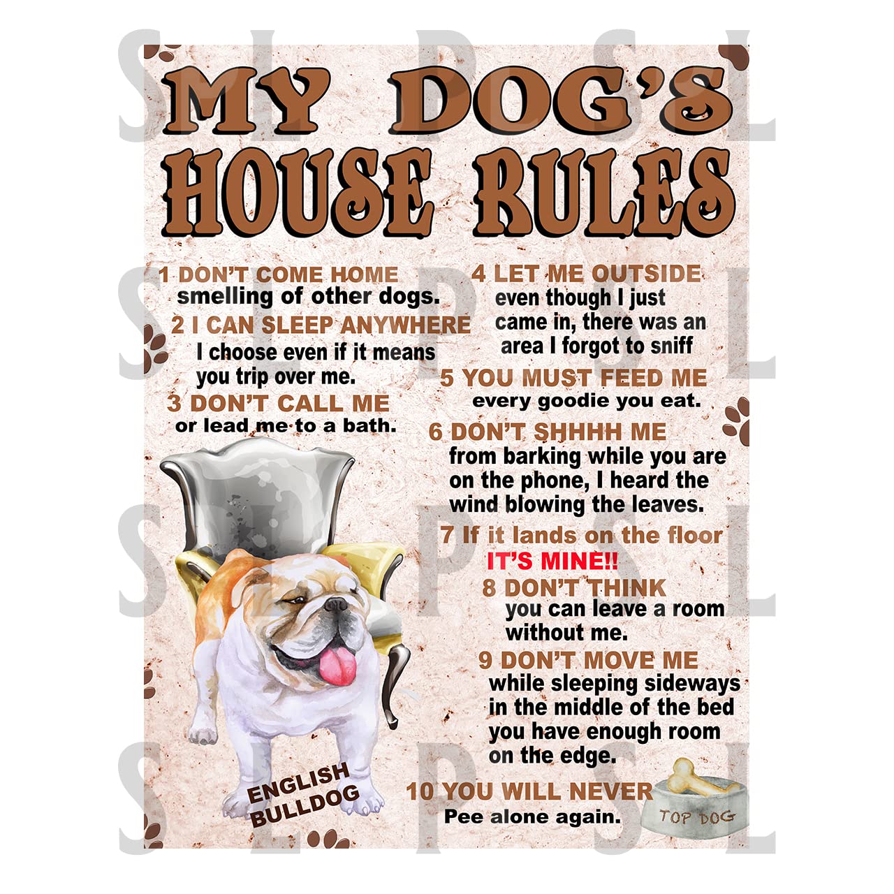 My Dog’s House Rules English Bulldog, retro metal tin sign METAL TIN WALL PLAQUE SIGN NOVELTY GIFT 40DHR (10" x 8" (267mm x 200mm), Tape)